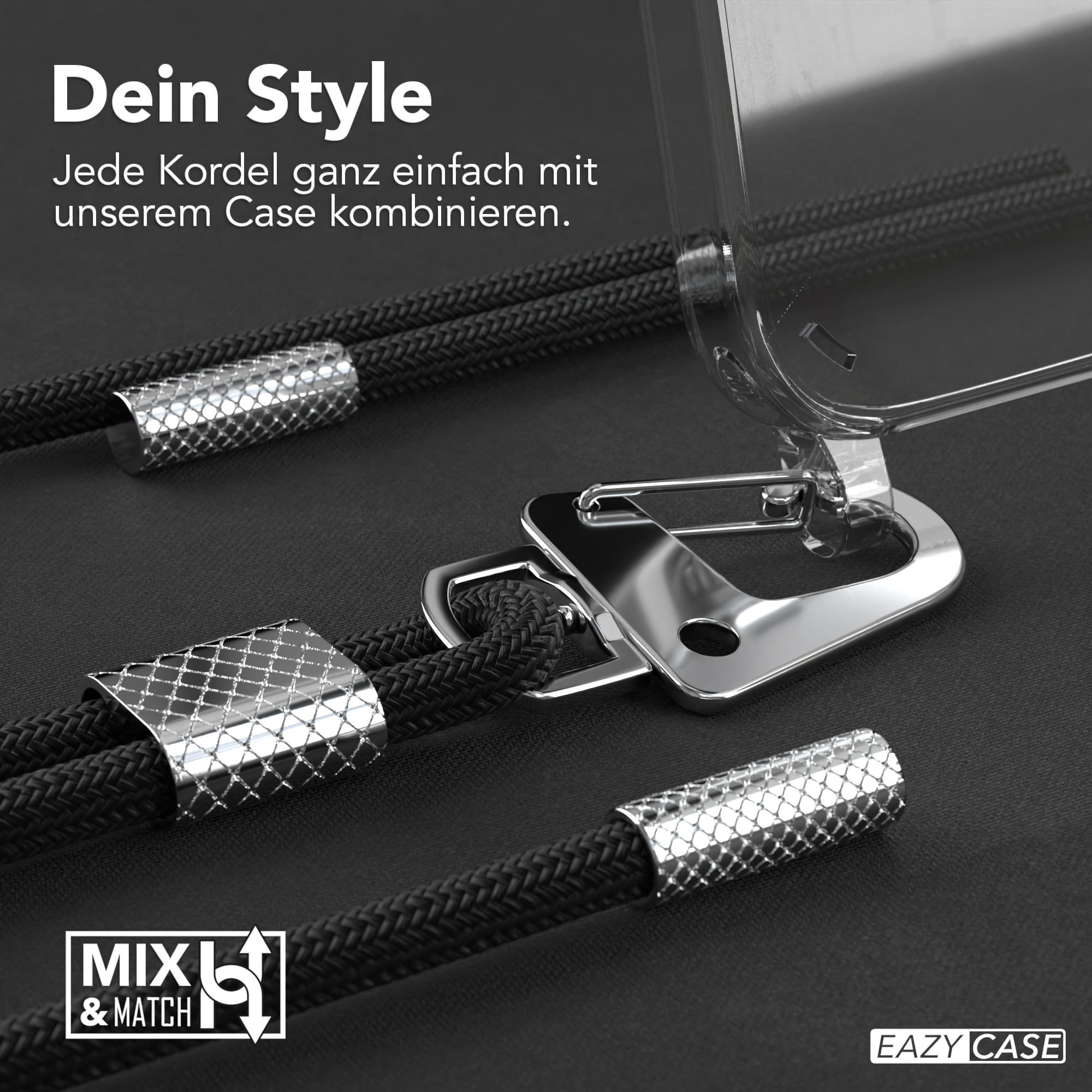 Nahaufnahme der Telefonriemenkomponenten. Silberne Metallteile und schwarzes geflochtenes Kabel.