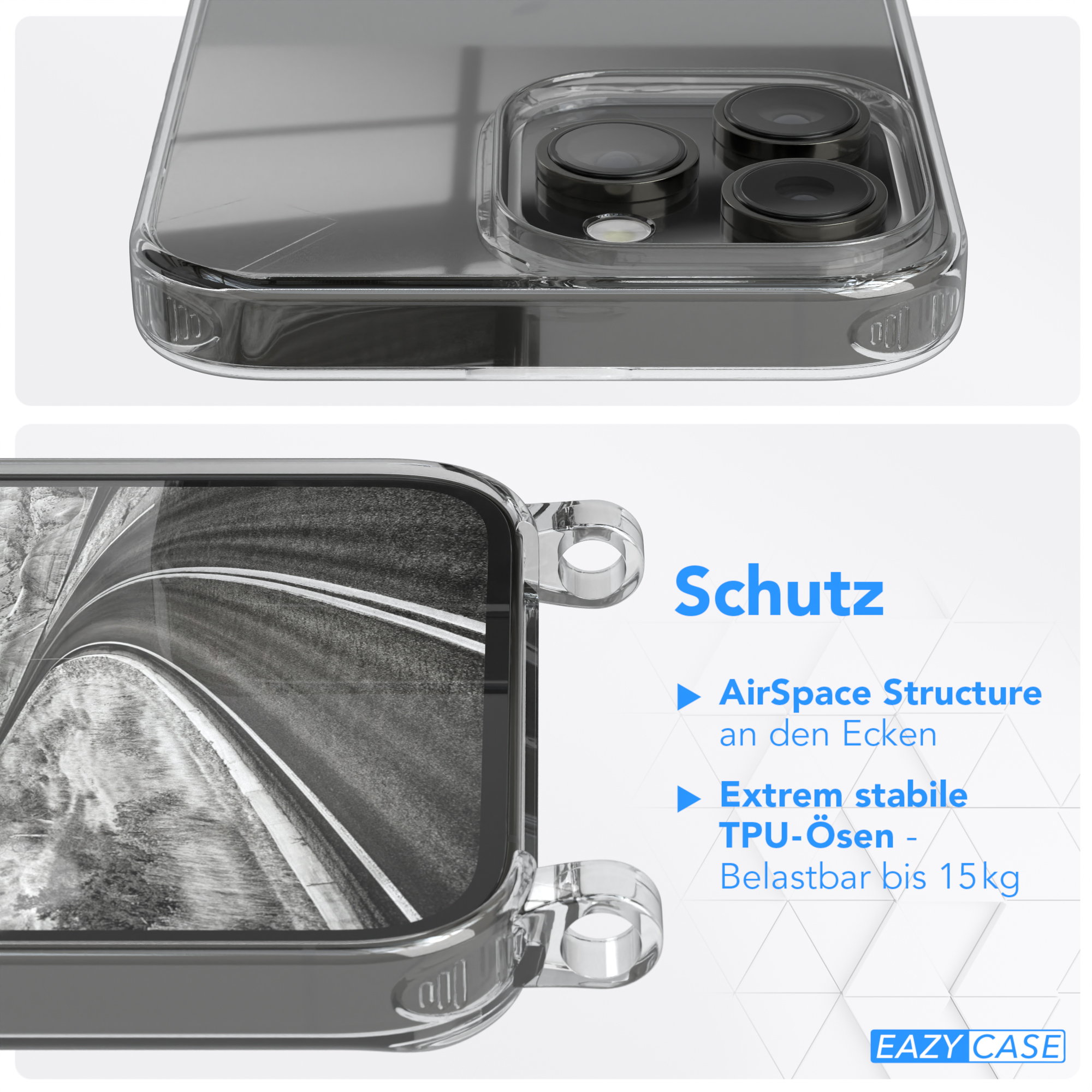 Transparente Handyhülle mit Straßenhintergrund. Text: Schutz. AirSpace Structure. Extrem stabile TPU-Ösen. Eazy Case Logo.