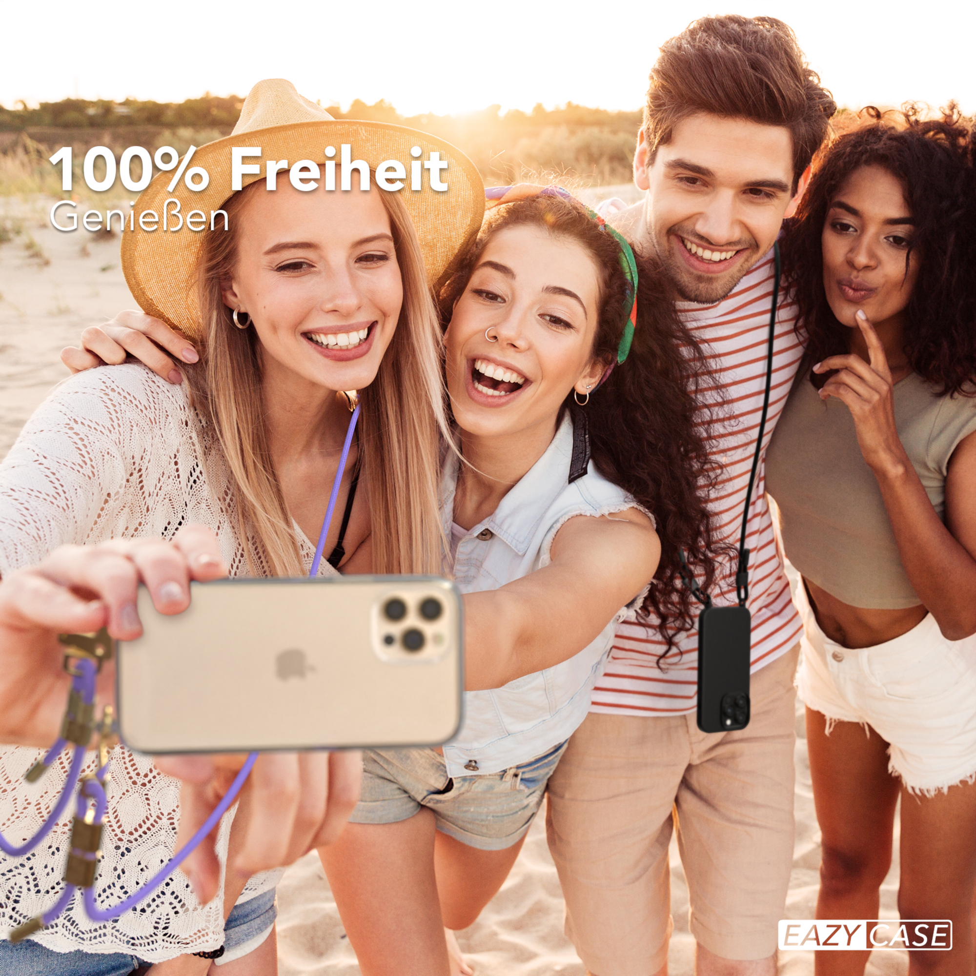 Freunde machen Selfie mit Handy an der Kordel.
