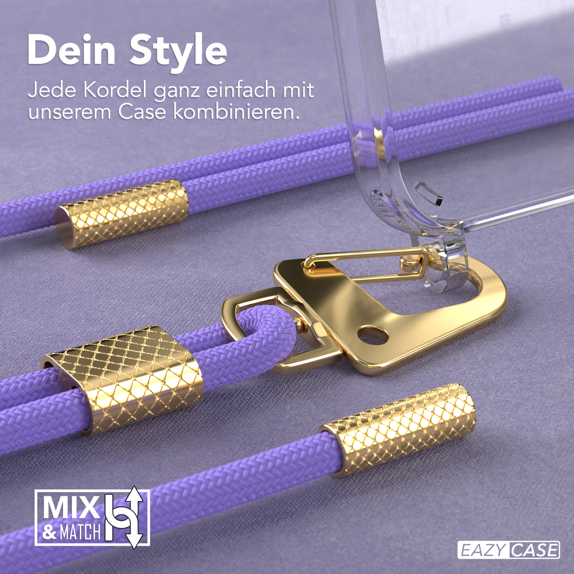 Lilafarbenes Telefonkabel mit goldenen Details auf einer transparenten Hülle.