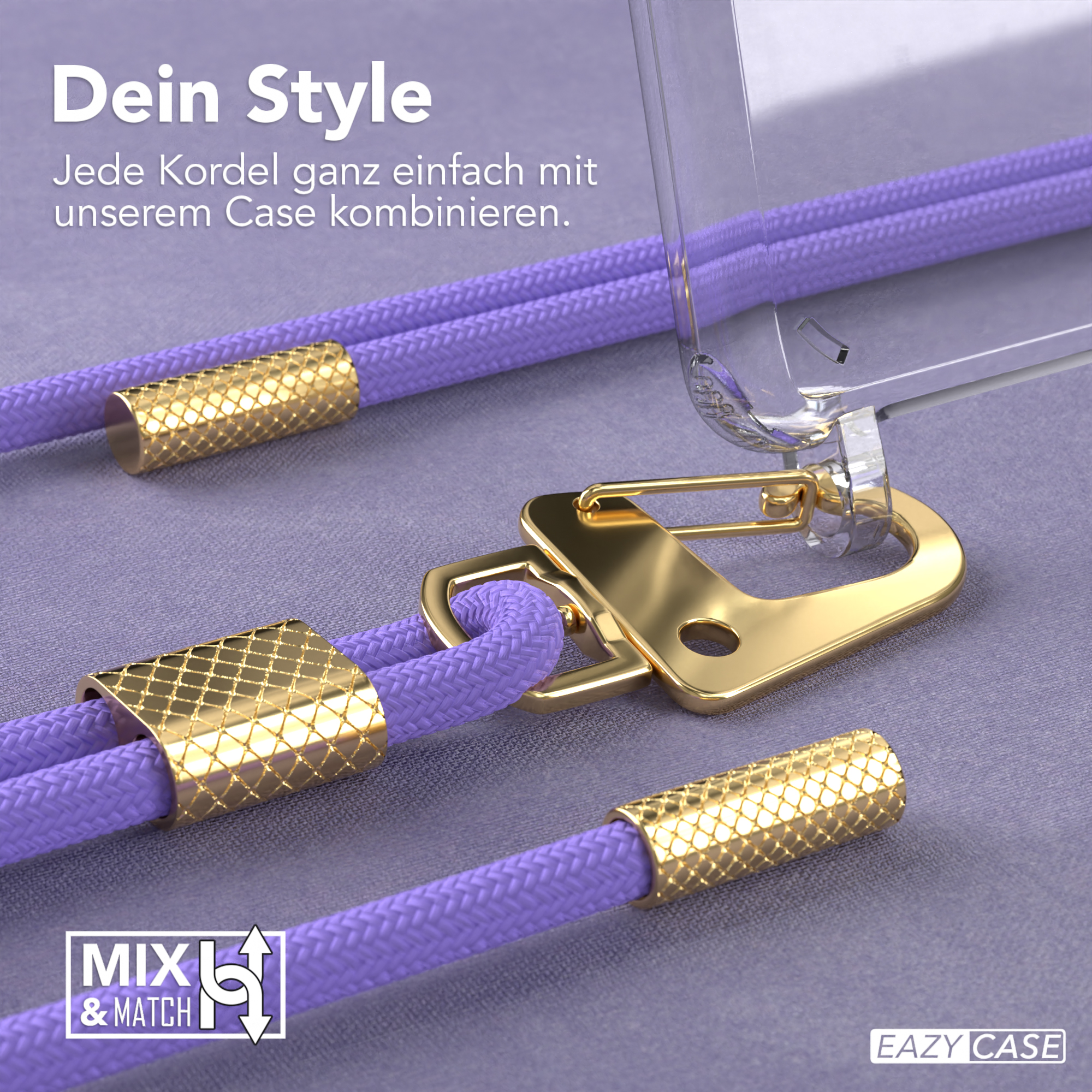 Nahaufnahme einer Telefonschnur mit goldenen Akzenten, durchsichtiger Handyhülle und lila Hintergrund.