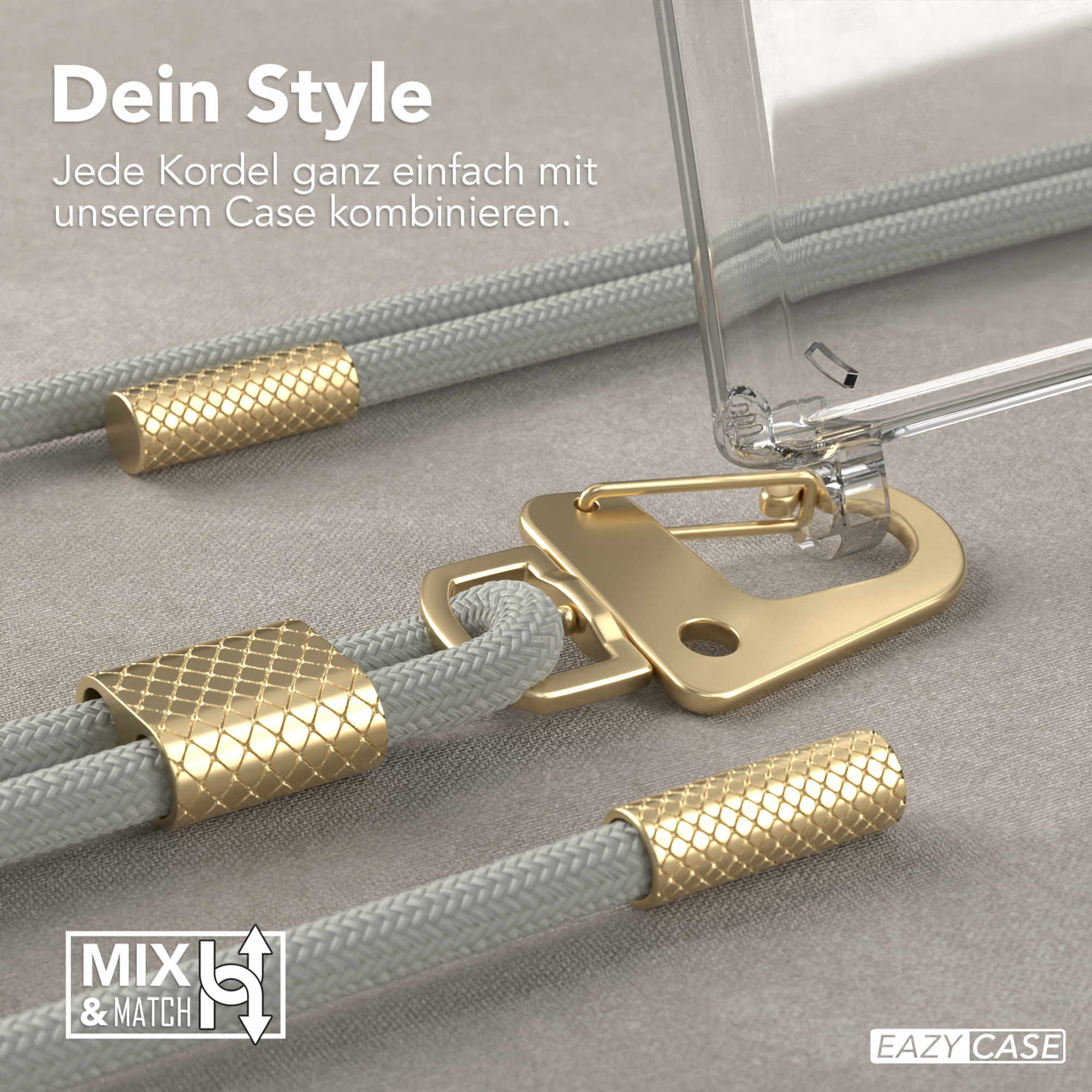 Eine Handyhülle mit grauem Riemen und goldenen Akzenten, mit einem Mix-and-Match-Logo.