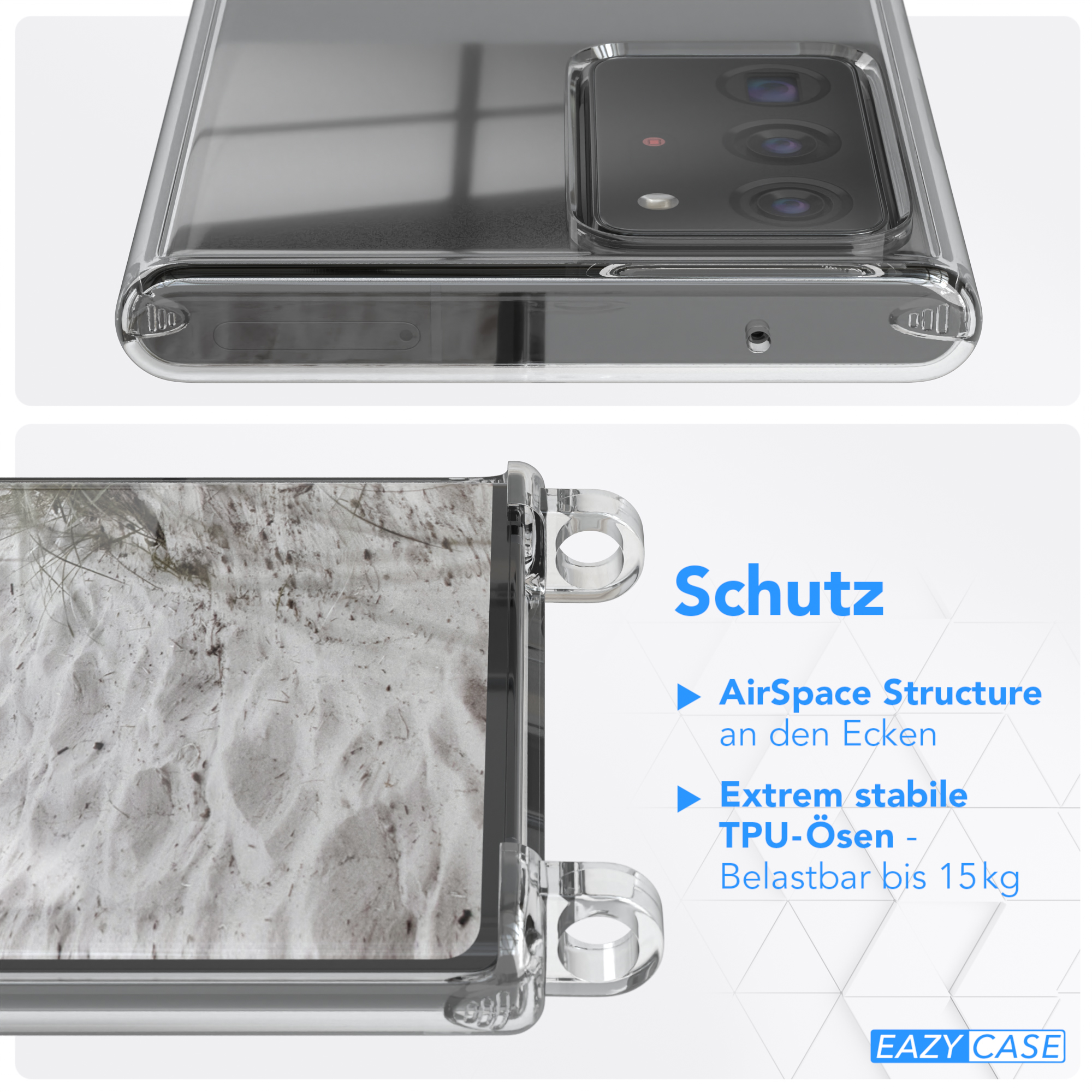 Handyhülle mit Sanddetail und Schutzinfo.