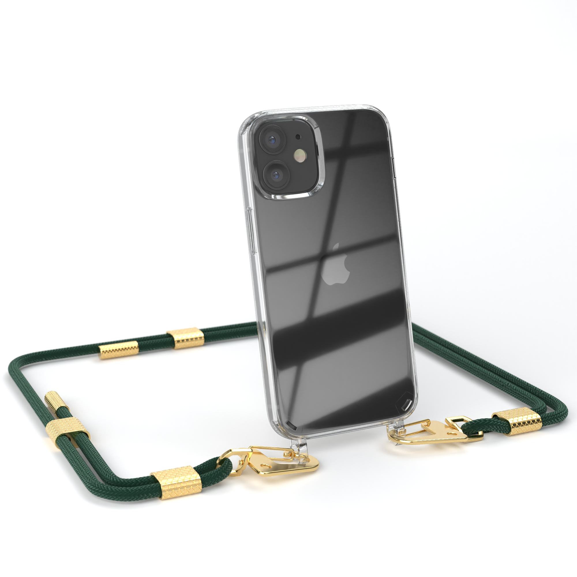 Ein Telefon in einer transparenten Hülle mit grünem Riemen. Das Telefon hat mehrere Kameras.