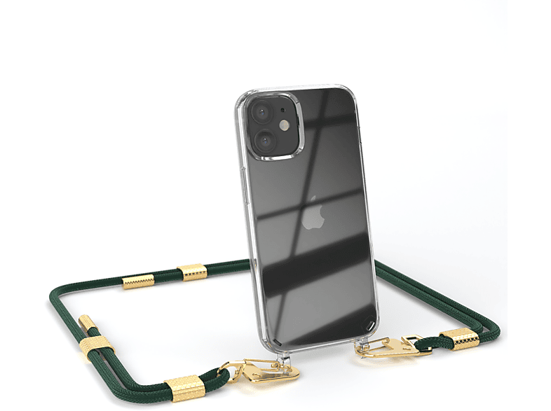 EAZY CASE Transparente Handyhülle mit runder Kordel + Karabiner, Umhängetasche, Apple, iPhone 12 Mini, Nachtgrün / Gold
