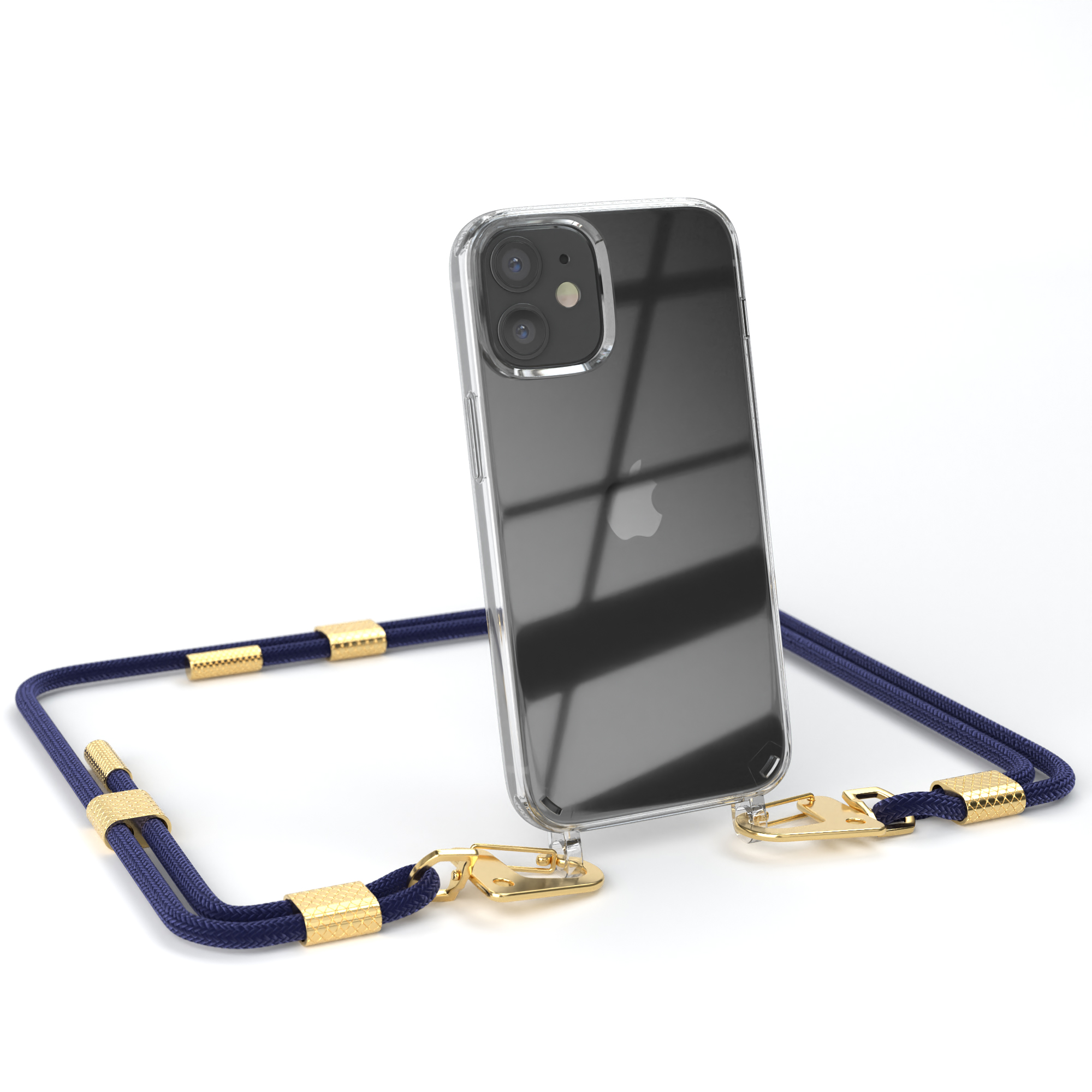 Transparente Handyhülle mit blauem Riemen und goldenen Verschlüssen, hält ein iPhone, auf Weiß.