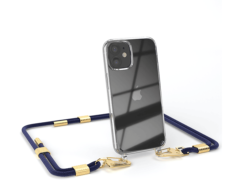 EAZY CASE Transparente Handyhülle mit runder Kordel + Karabiner, Umhängetasche, Apple, iPhone 12 Mini, Nachtblau / Gold