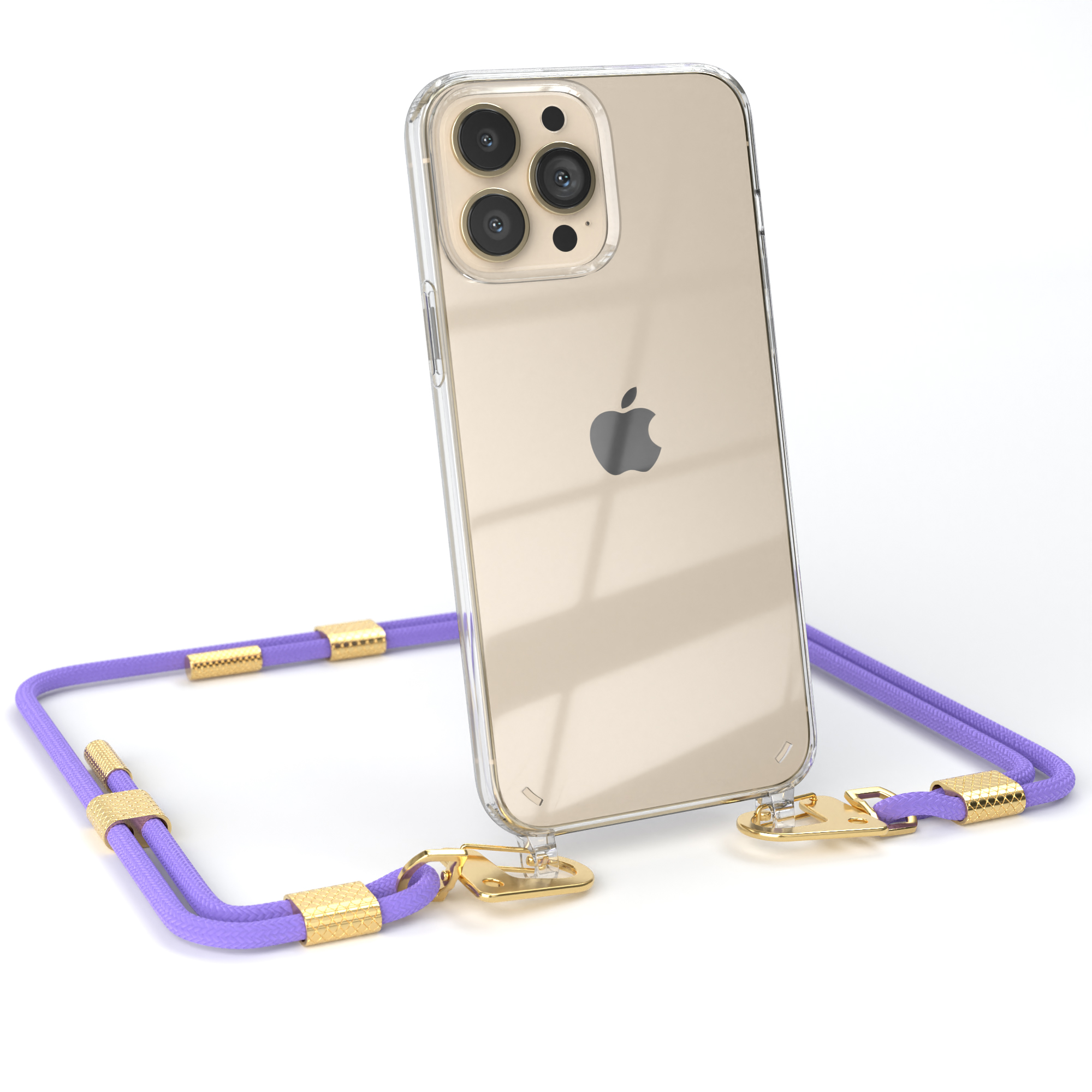Telefon in klarer Hülle mit lila Schnur auf weißem Grund.