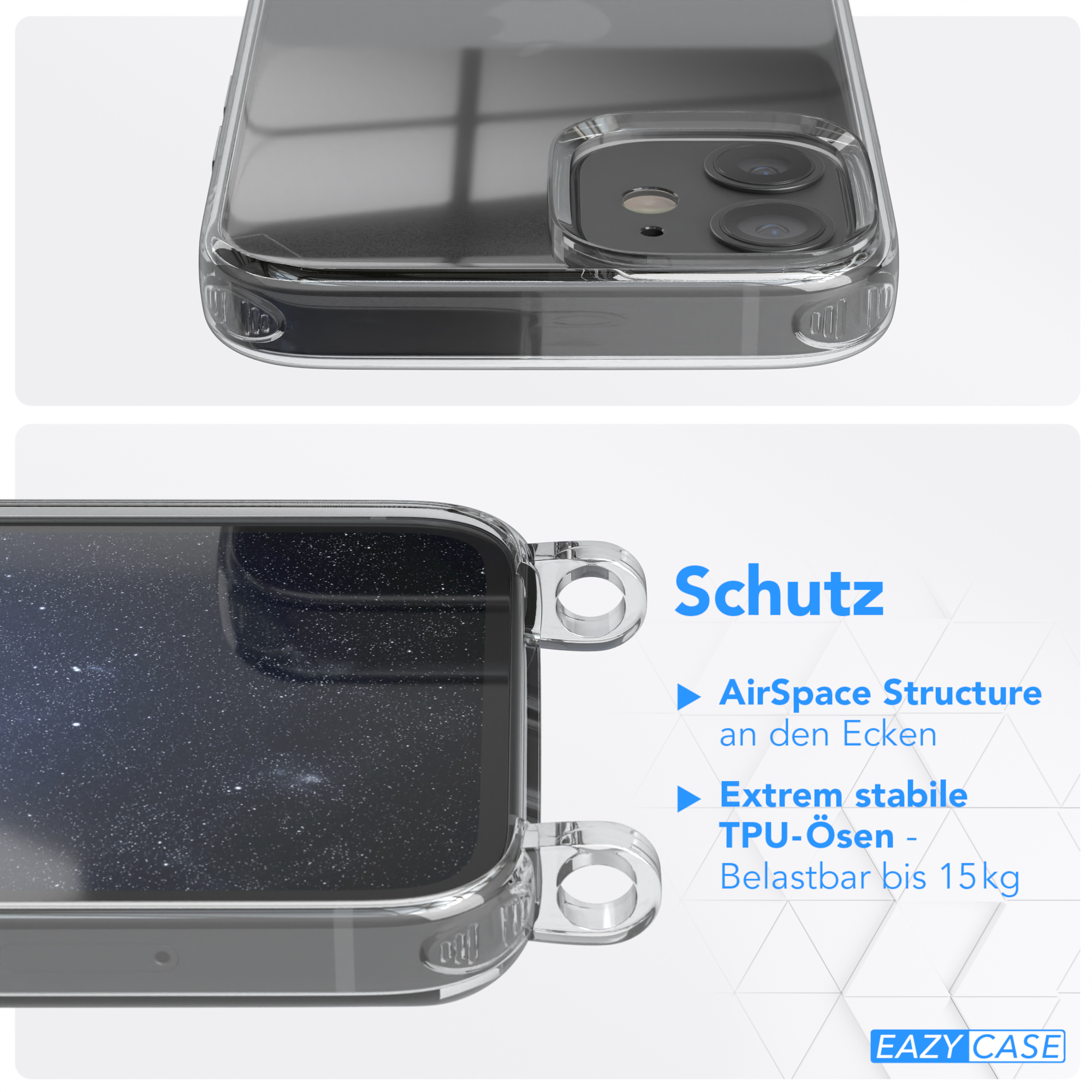Transparente Handyhülle mit Telefon. Text: AirSpace Structure, Extrem stabile TPU-Ösen.