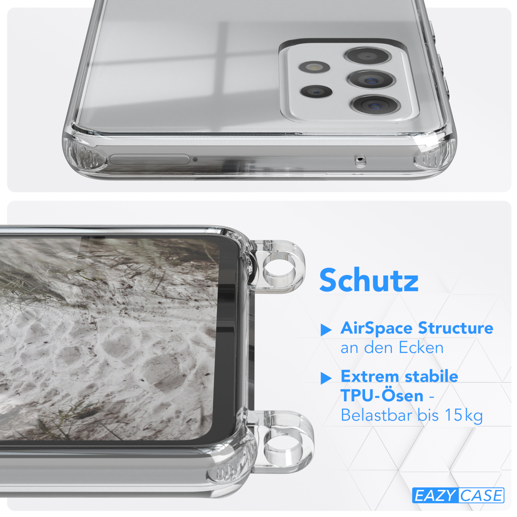 Transparente Handyhülle und ihre Funktionen werden mit Text wie 'AirSpace Structure' gezeigt.