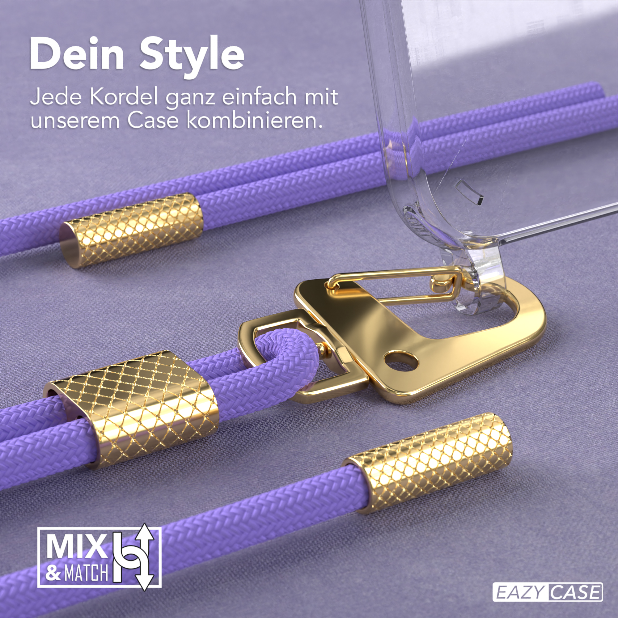 Nahaufnahme einer lila Handyhüllen-Kordel, goldfarbene Akzente und eine transparente Handyhülle. Text 'Mix & Match'.