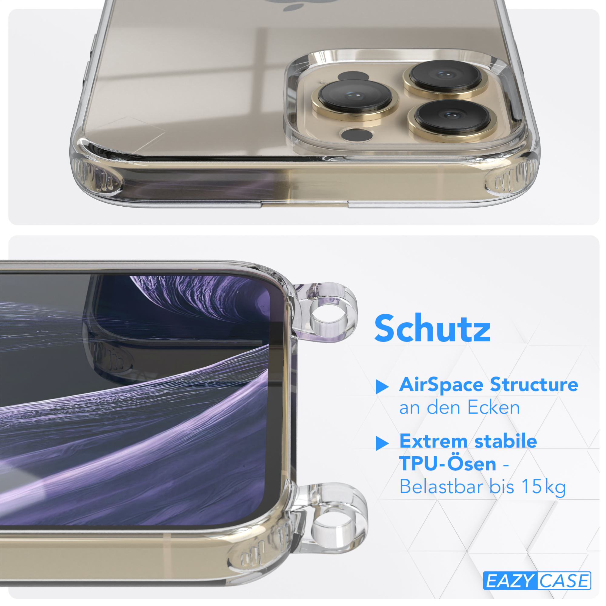 EAZY CASE 13 Kordel + Handyhülle Lila Gold Umhängetasche, iPhone Apple, Flieder runder / Pro Transparente mit Karabiner, Max
