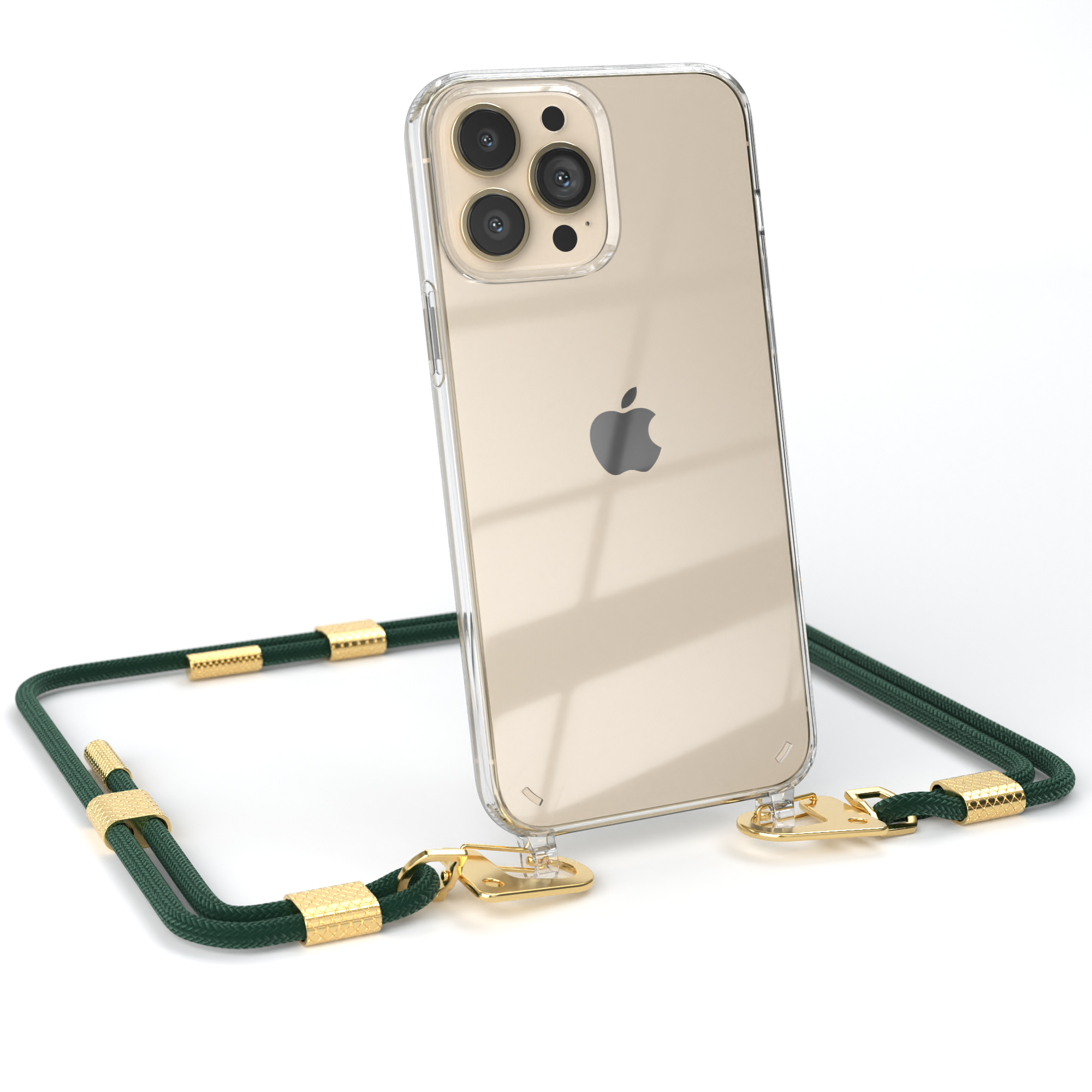 Ein Telefon in einer Hülle mit einem grünen und goldenen Seil.