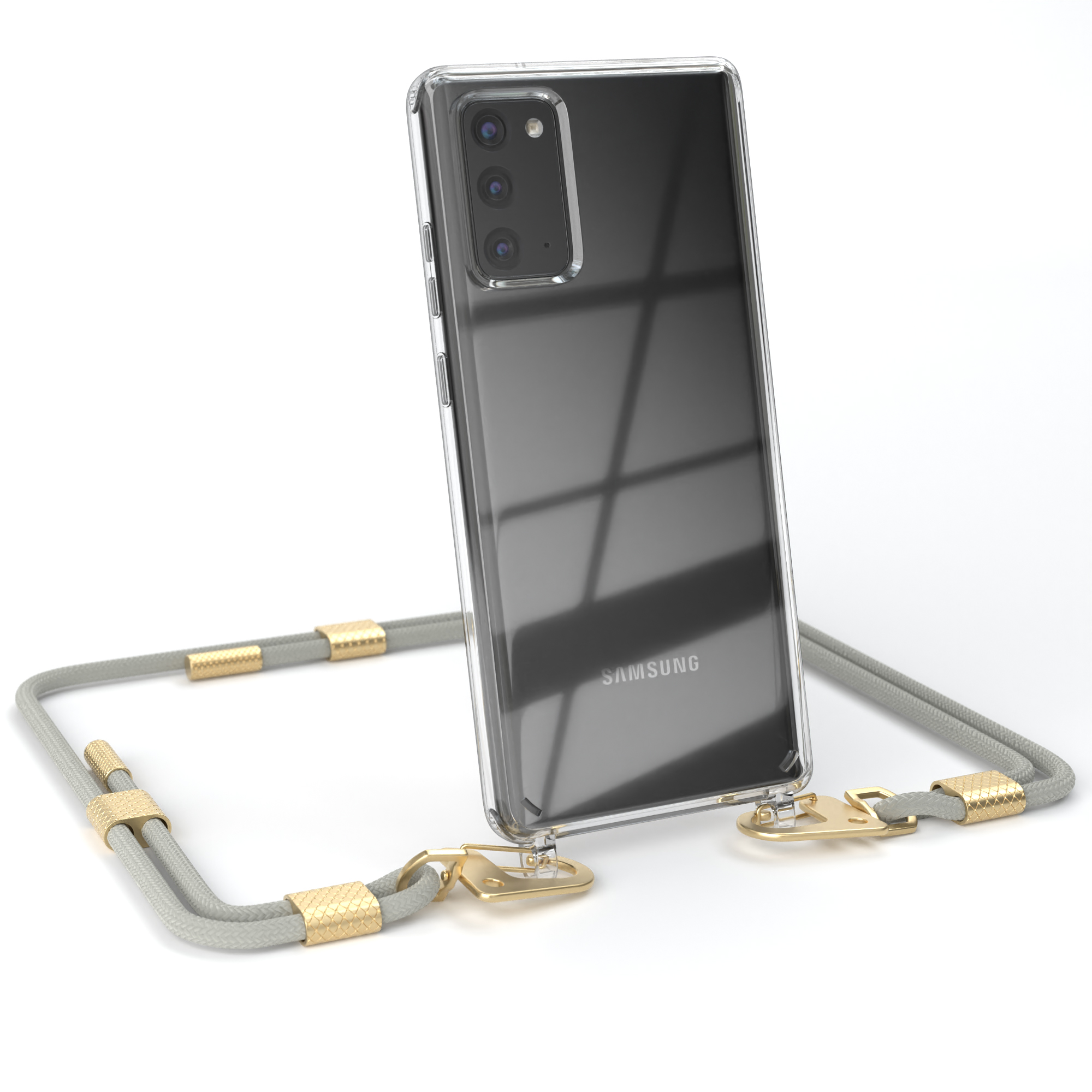 Telefon mit Hülle und Lanyard. Das Telefon ist transparent. Graues Lanyard mit goldenen Details.