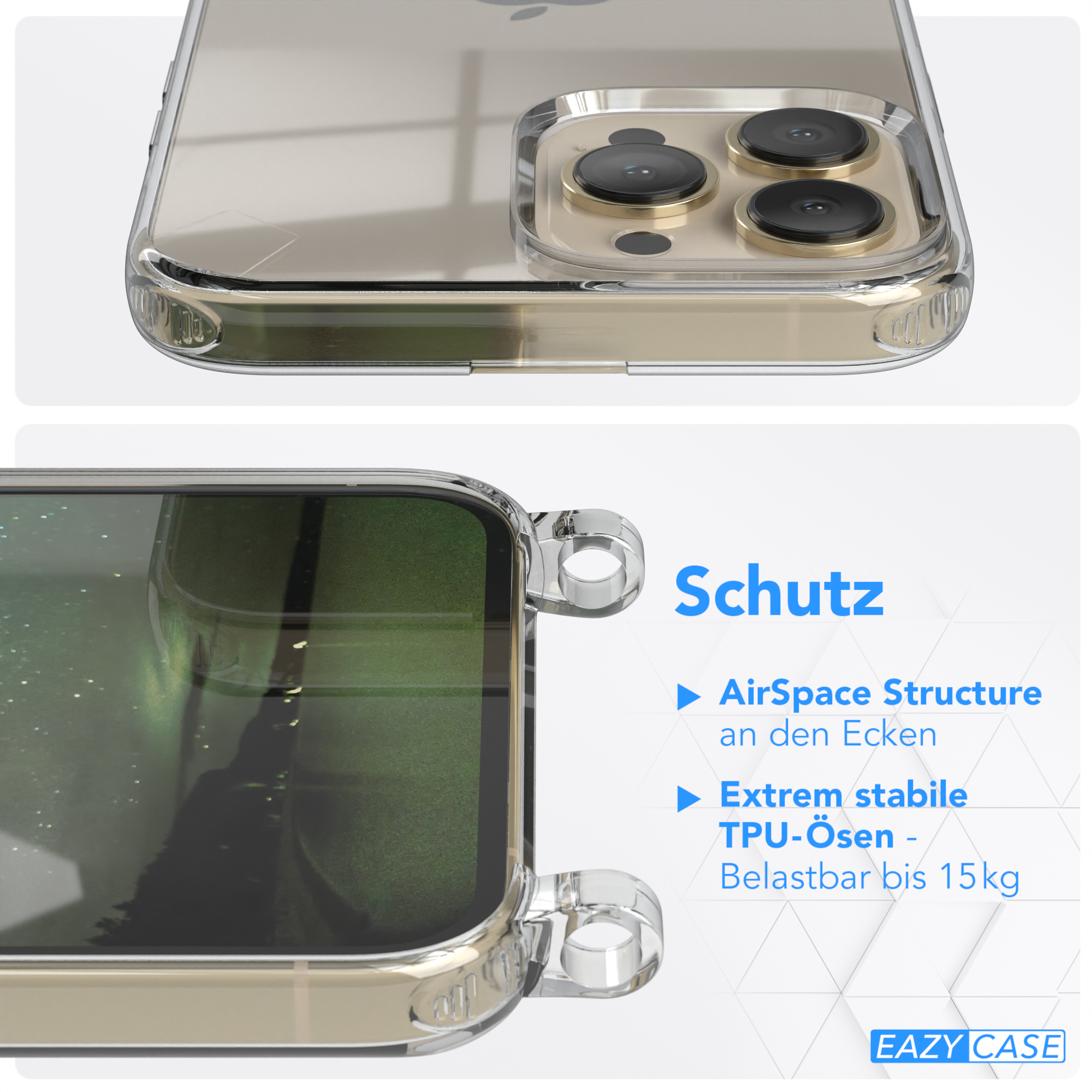 Eine Handyhülle wird mit Text angezeigt. Text: 'AirSpace Struktur', 'Extrem stabile TPU-Ösen'.