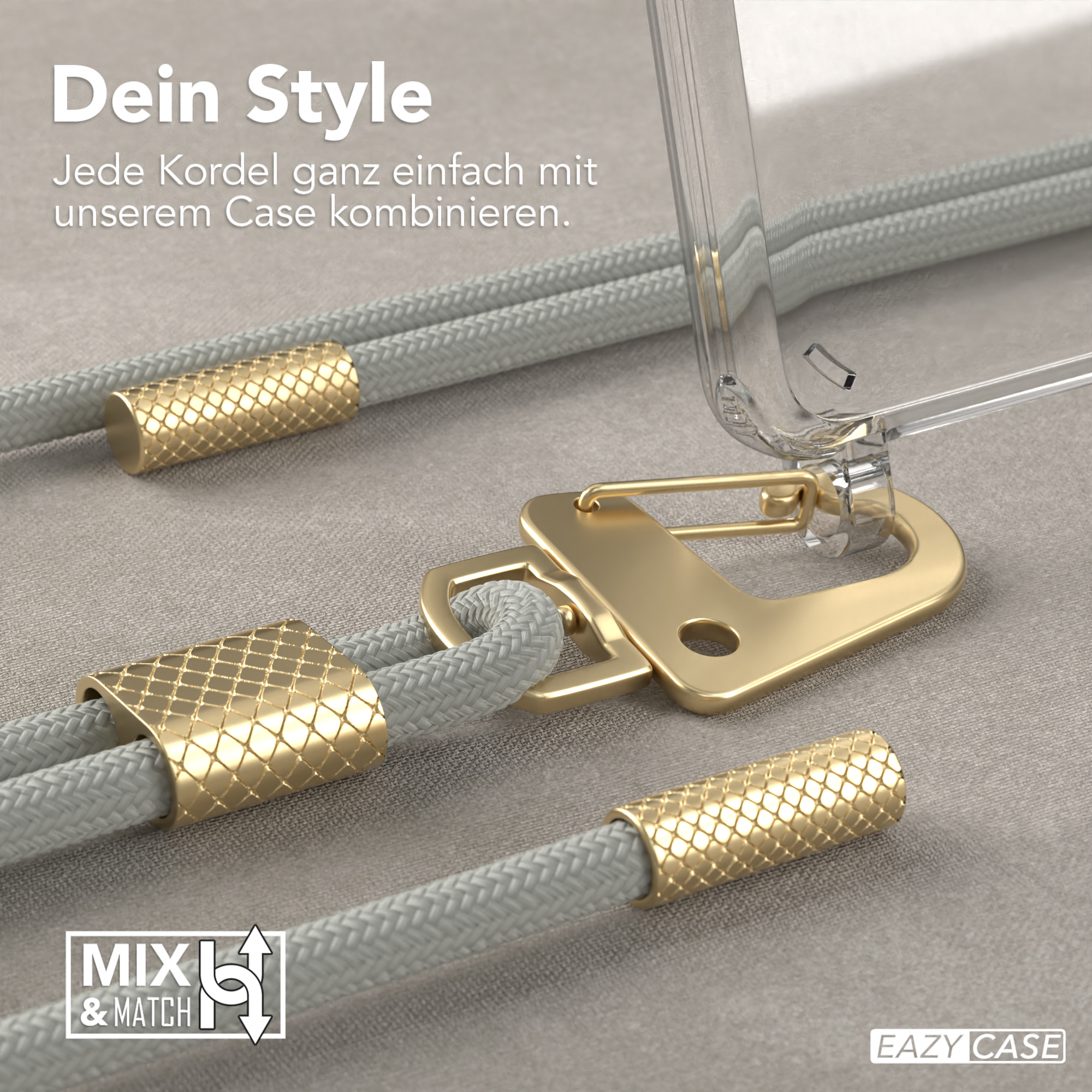 Nahaufnahme der Handyhülle mit goldenen Akzenten, befestigt an einem Lanyard.