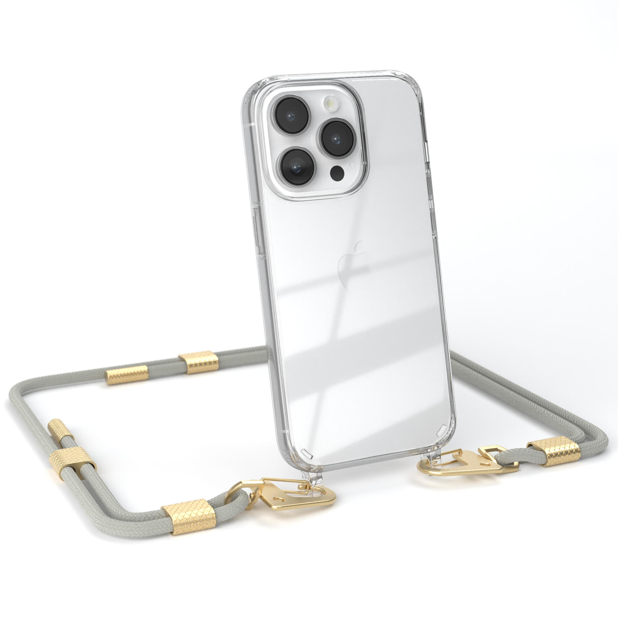 EAZY CASE Transparente Handyhülle mit iPhone Apple, Karabiner, + / Taupe 14 Umhängetasche, Matt Beige Pro, Kordel Gold runder