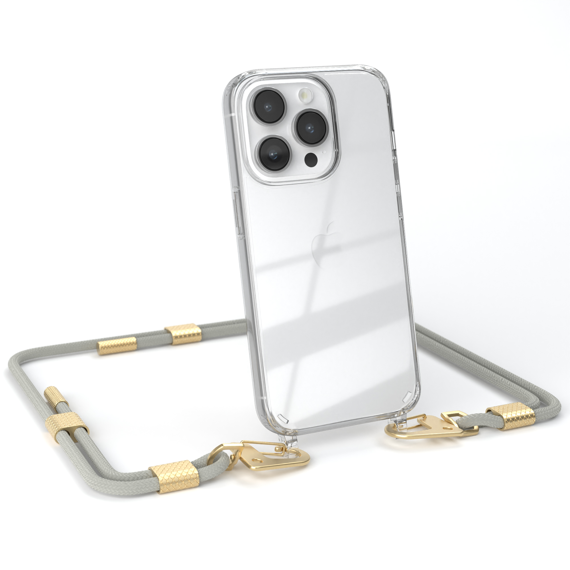 Eine transparente iPhone-Hülle mit grauem Kordel, goldenen Akzenten und einem iPhone.
