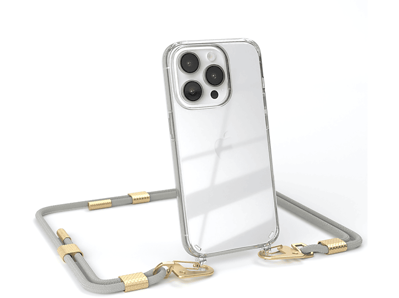EAZY CASE Transparente Handyhülle mit runder Kordel + Karabiner, Umhängetasche, Apple, iPhone 14 Pro, Taupe Beige / Matt Gold