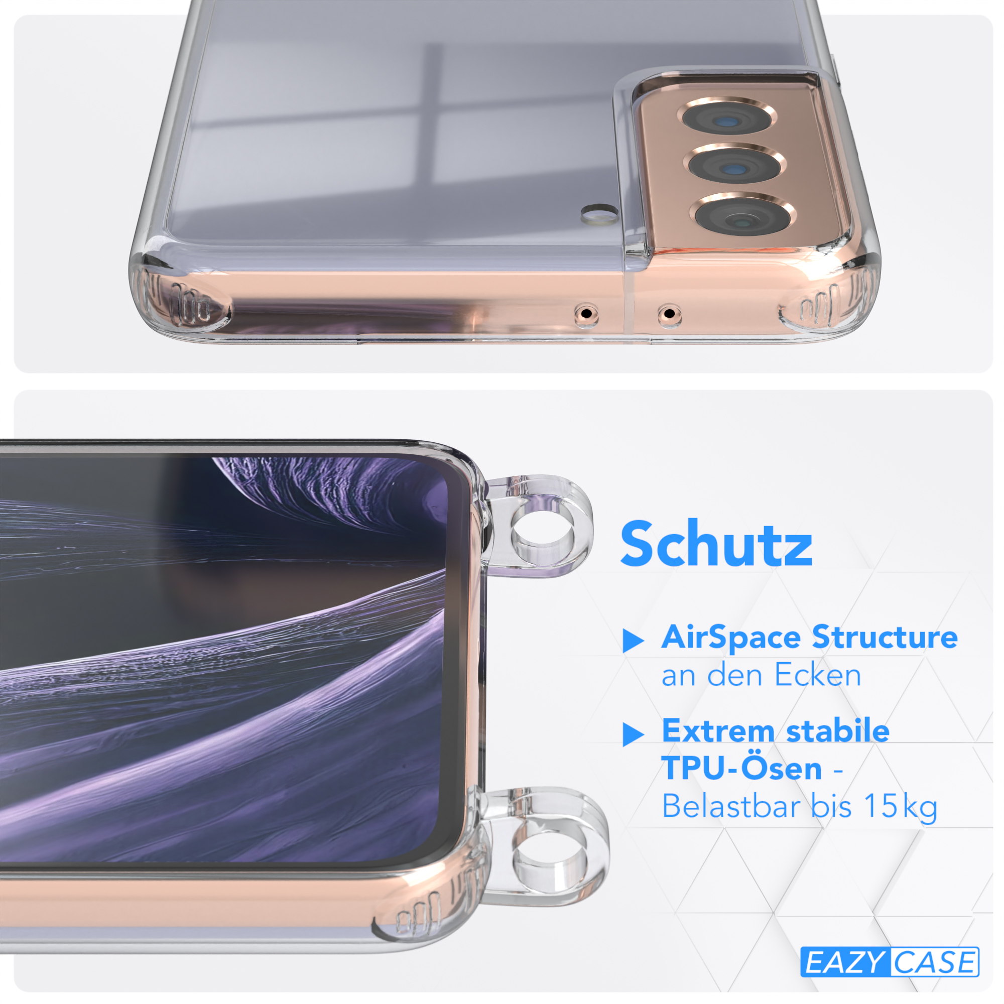 Samsung, Handyhülle S21 Karabiner, runder mit CASE + 5G, Flieder Transparente Gold Galaxy Umhängetasche, Plus Kordel EAZY / Lila