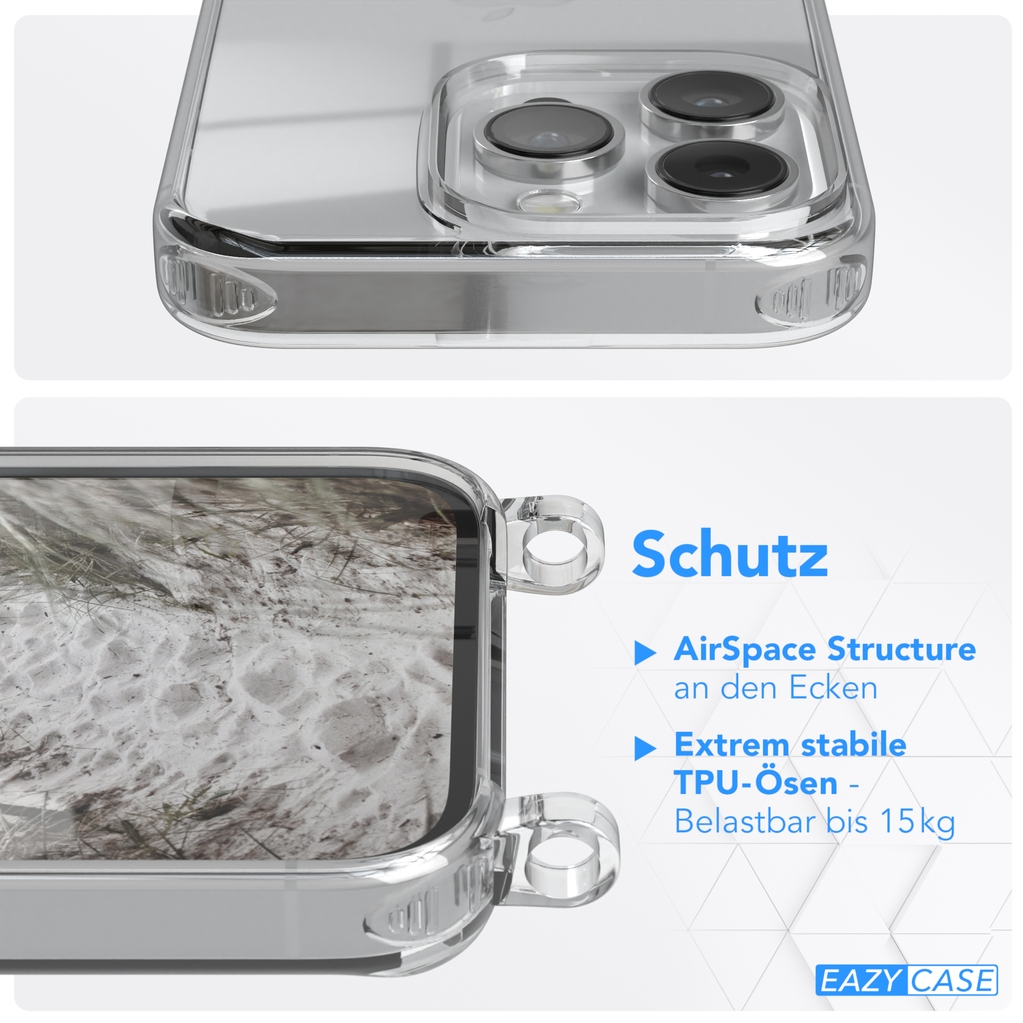 EAZY CASE Transparente Handyhülle mit iPhone Apple, Karabiner, + / Taupe 14 Umhängetasche, Matt Beige Pro, Kordel Gold runder