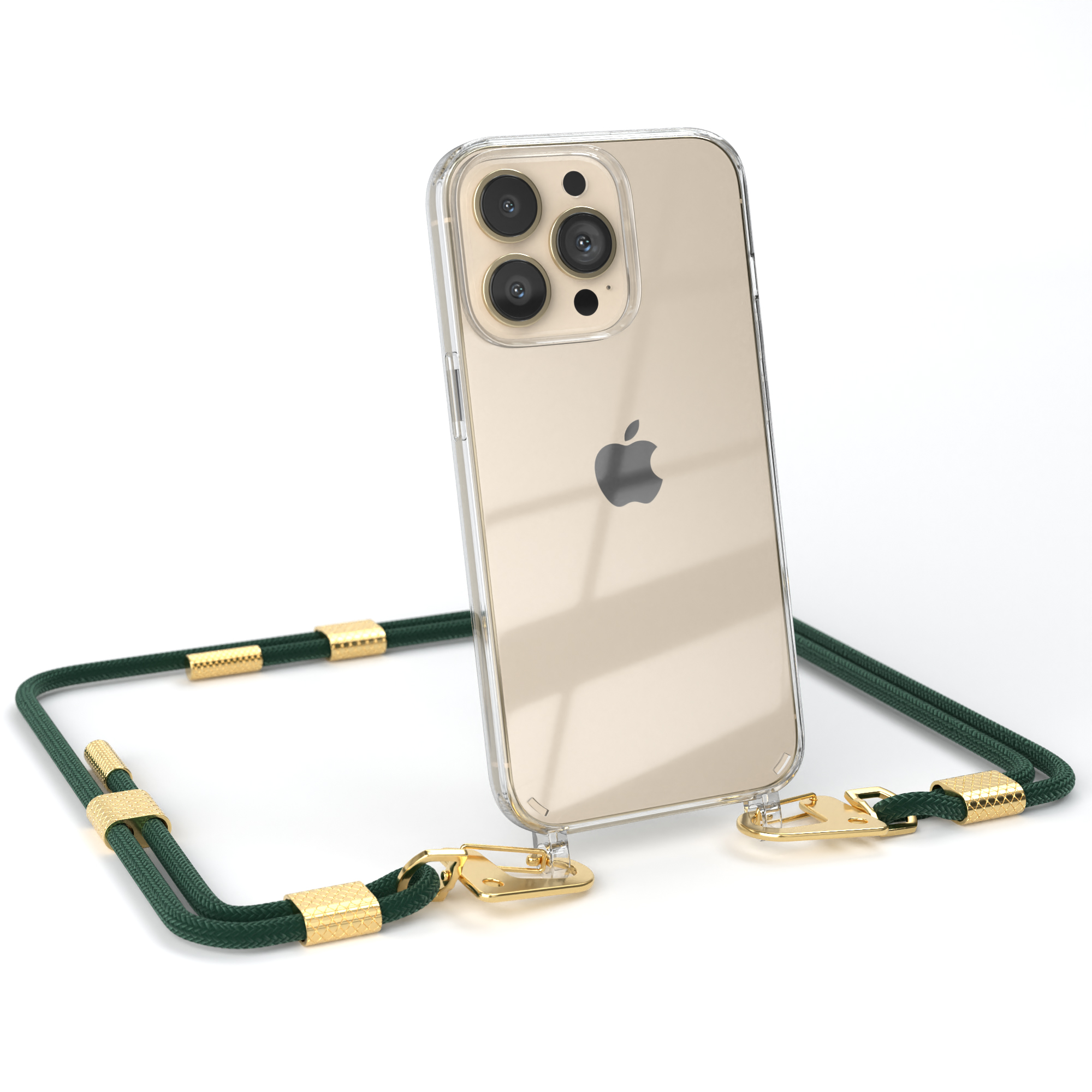 Ein Telefon an einem grün-goldenen Lanyard; eine goldene Handyhülle sichtbar.
