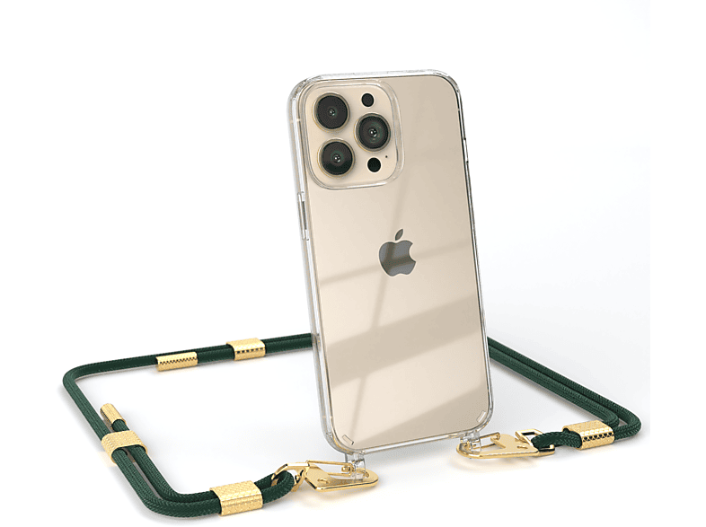 EAZY CASE Transparente Handyhülle mit runder Kordel + Karabiner, Umhängetasche, Apple, iPhone 13 Pro, Nachtgrün / Gold