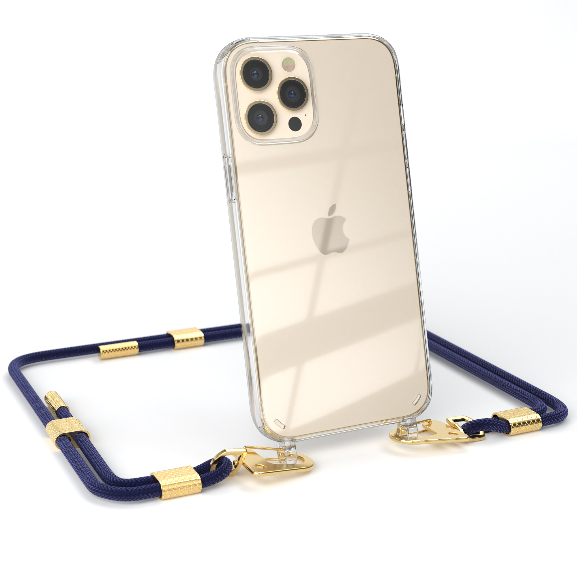 Goldenes Telefon mit blauem Umhängeband. Apple Logo sichtbar.