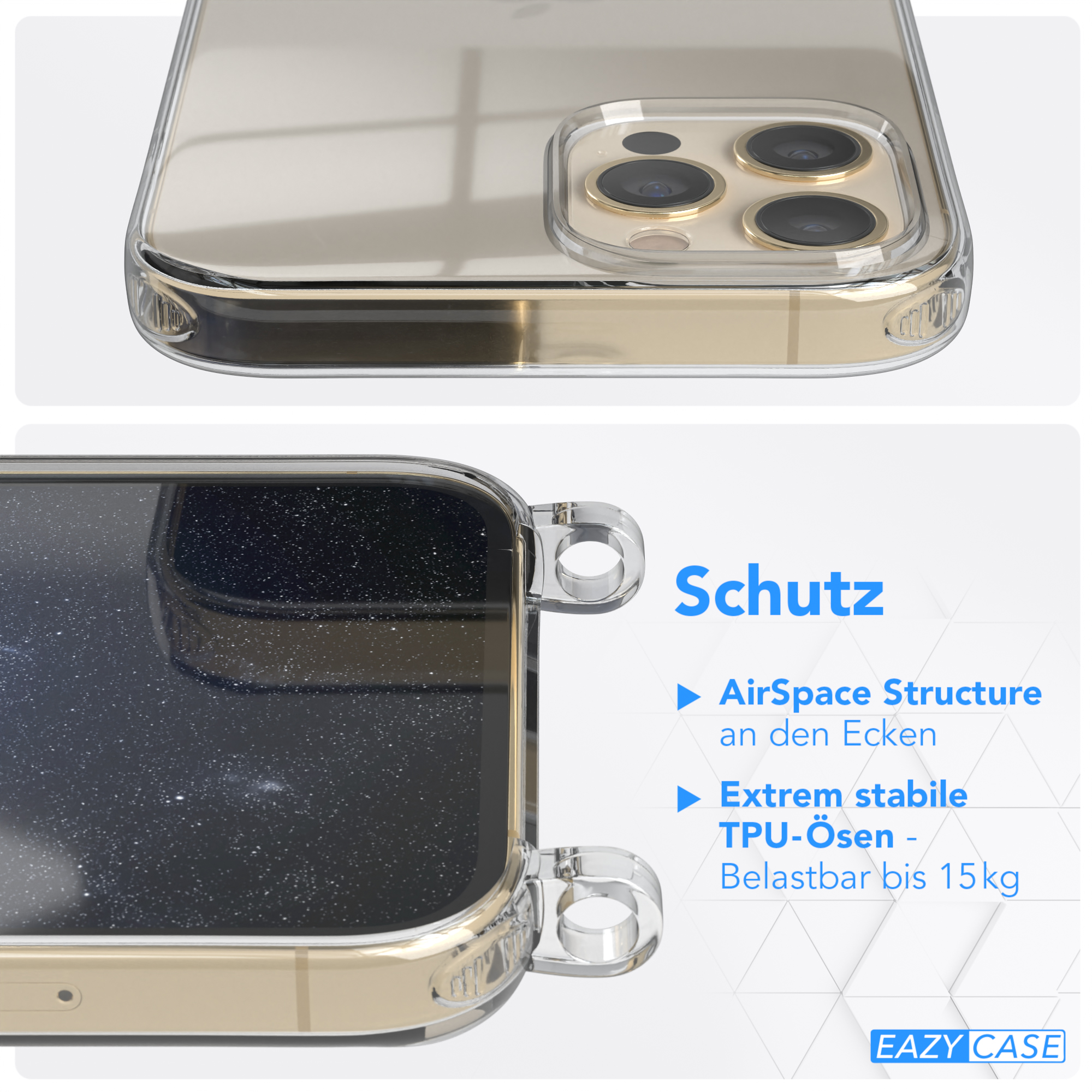 Transparente Handyhülle auf einem Telefon. Text lautet 'Schutz'. Die Hülle hat AirSpace Structure und TPU-Ösen.