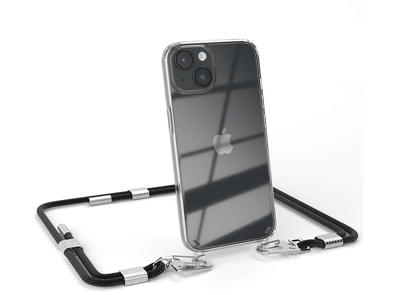 CASE Transparente 14, + Schwarz / mit Silber runder iPhone EAZY Apple, Umhängetasche, Handyhülle Kordel Karabiner,