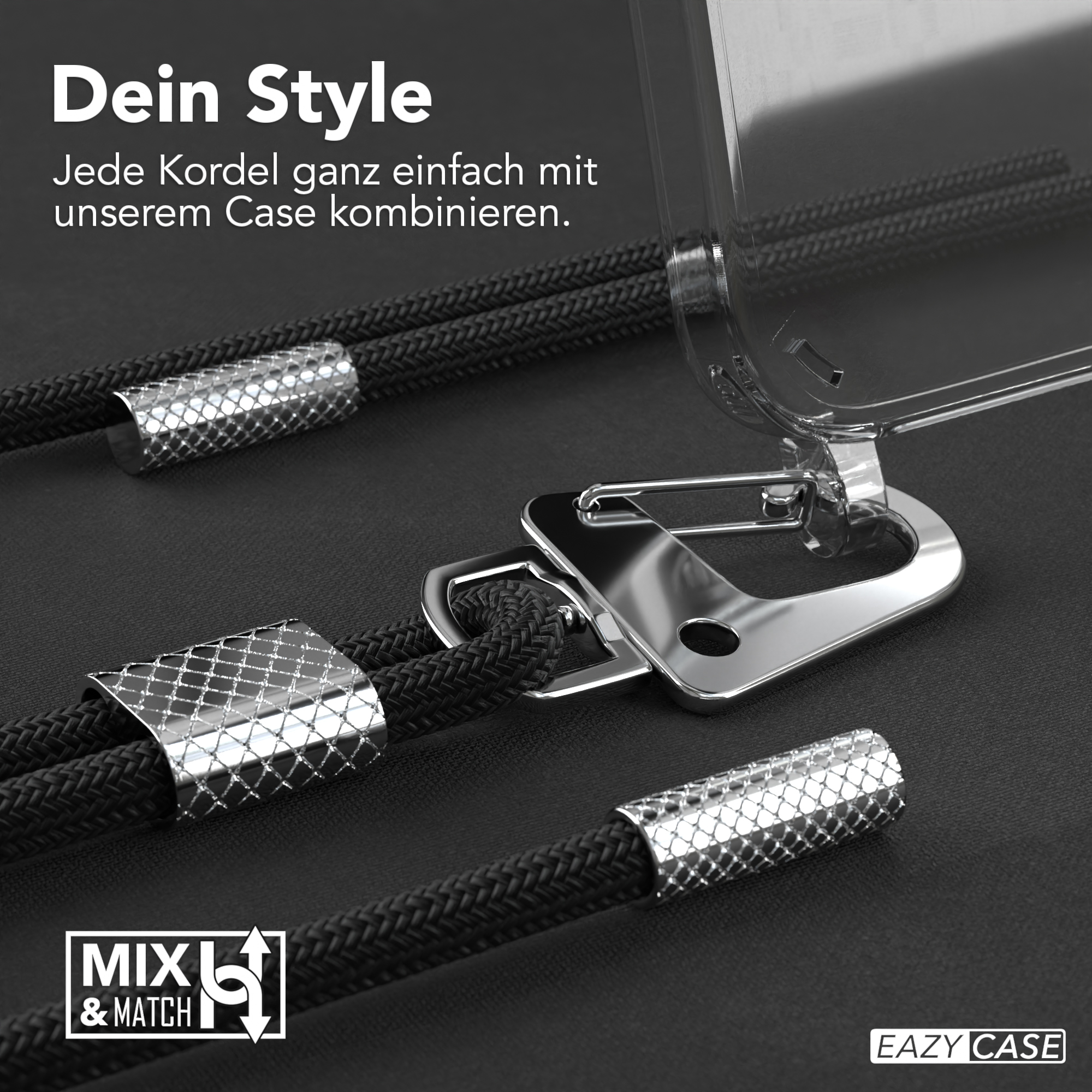 Schwarze Telefonkabel mit silbernen Metallakzenten und eine transparente Handyhülle mit schwarzem Hintergrund.