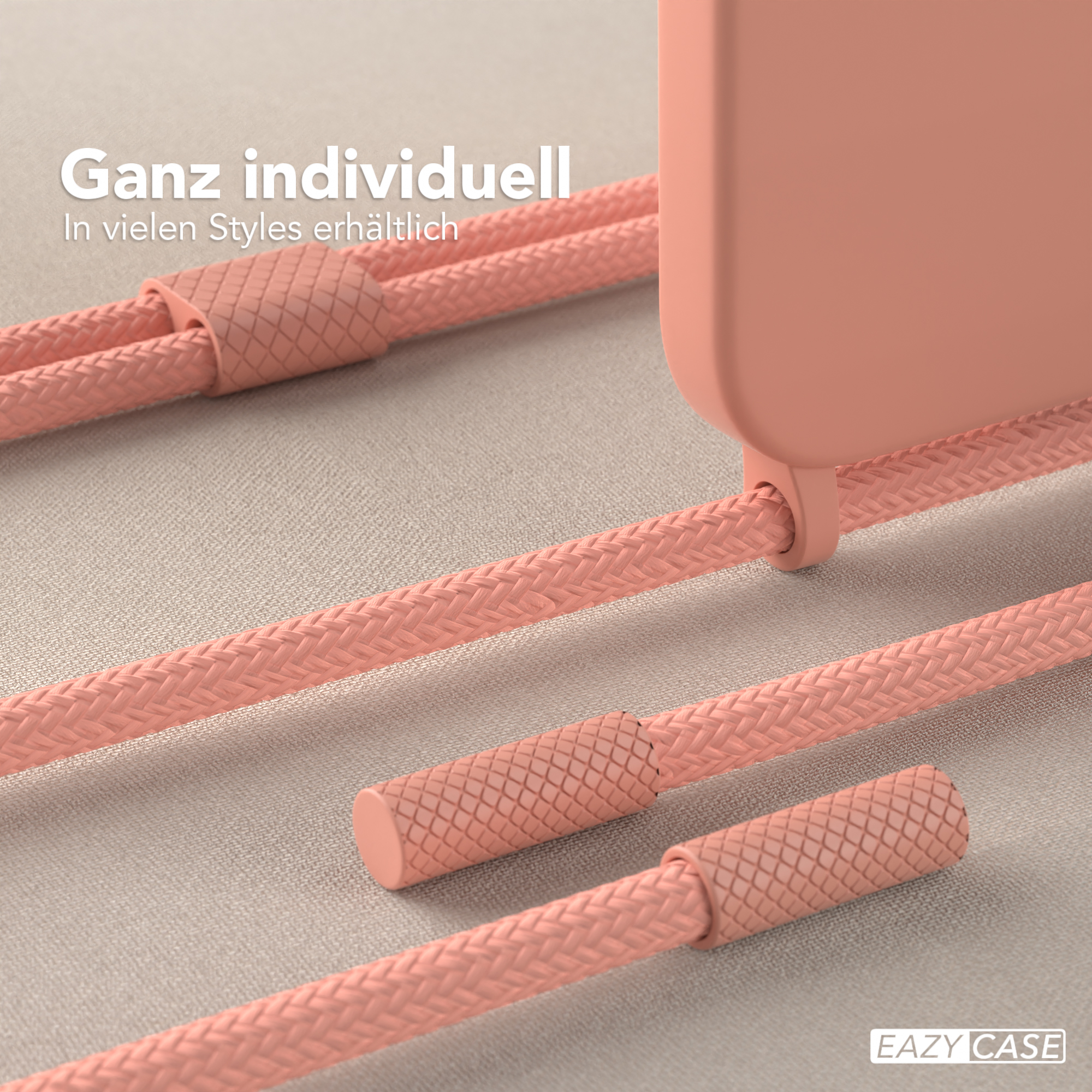 Nahaufnahme einer rosa Handyhülle und -kabel, die Textur und Details zeigen.