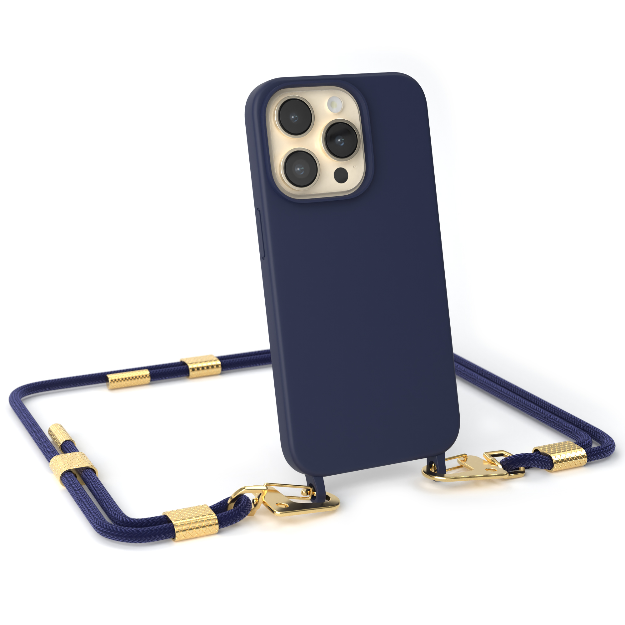 Eine dunkelblaue Handyhülle mit einem dunkelblauen Seil. Das Telefon ist auf weißem Grund.