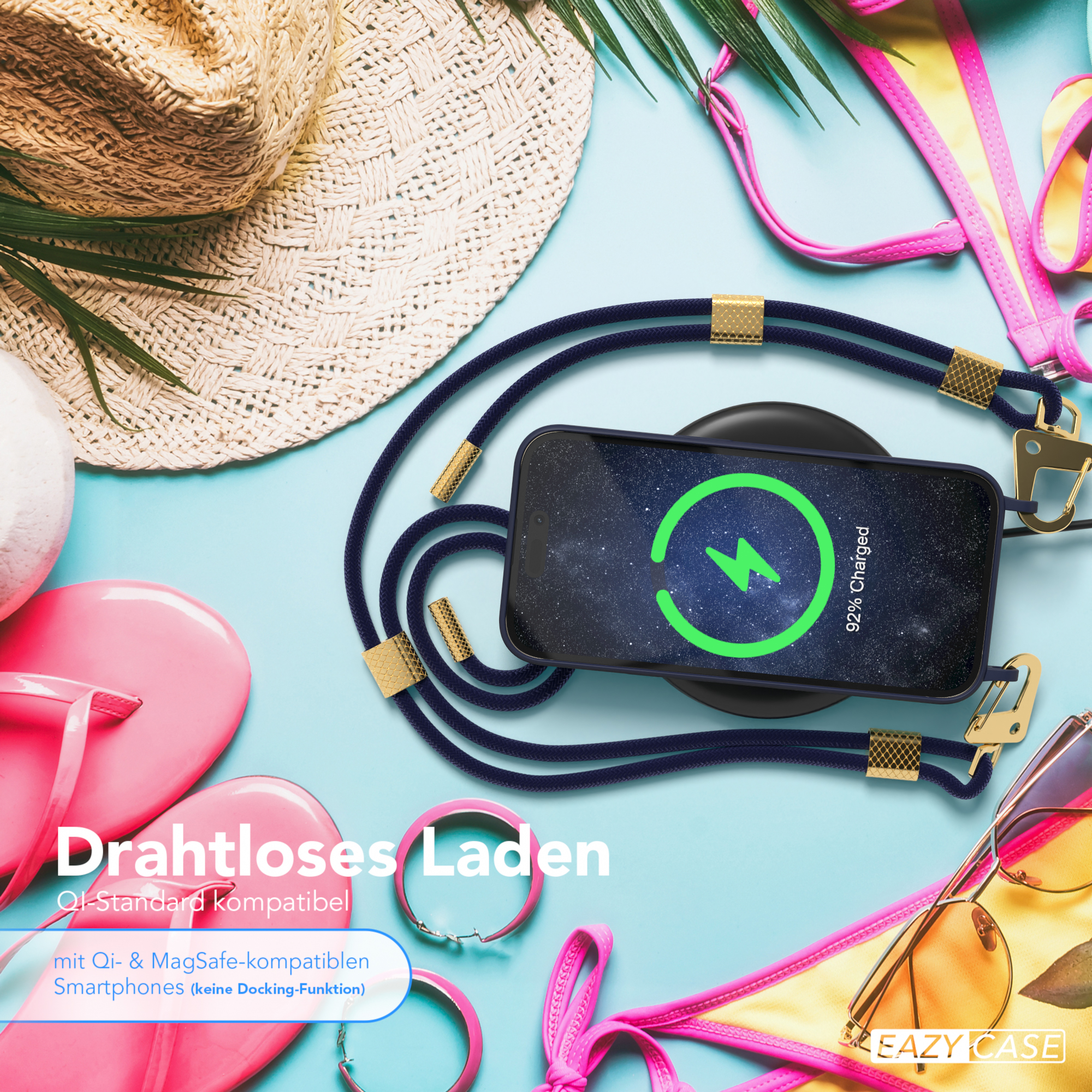 Ein Telefon wird kabellos auf einem Pad geladen, mit Strandaccessoires im Hintergrund, rosa, blau und gelb.