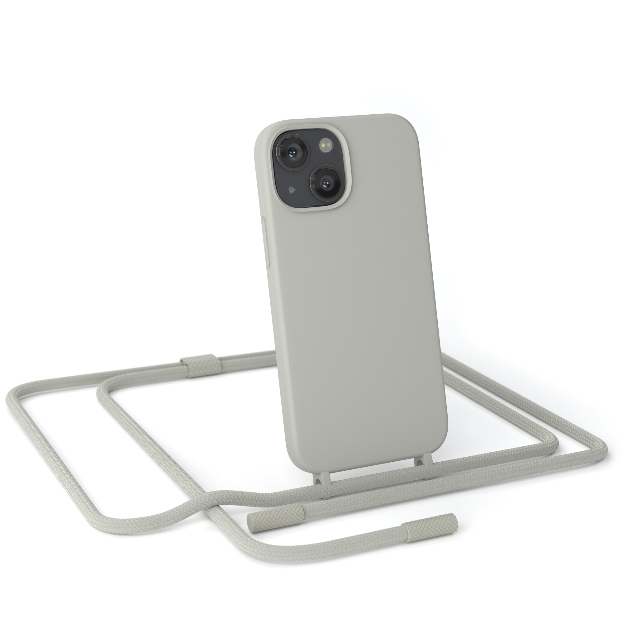 Telefon mit Schlüsselband. Das Telefon ist in einer grauen Hülle. Das Schlüsselband ist grau.