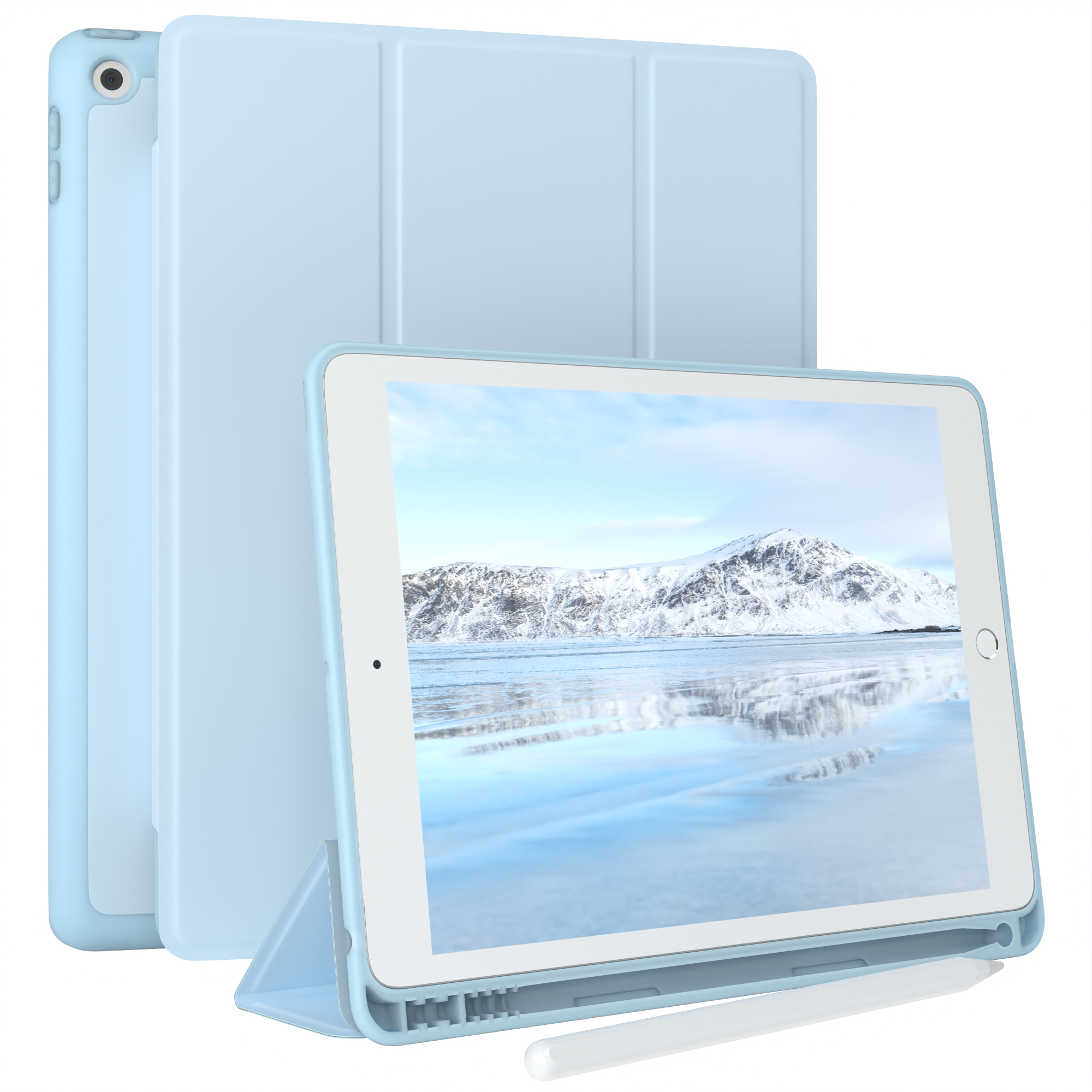 Blaue iPad-Hülle mit Tablet darin. Das Tablet hat eine Winterlandschaft auf dem Bildschirm.
