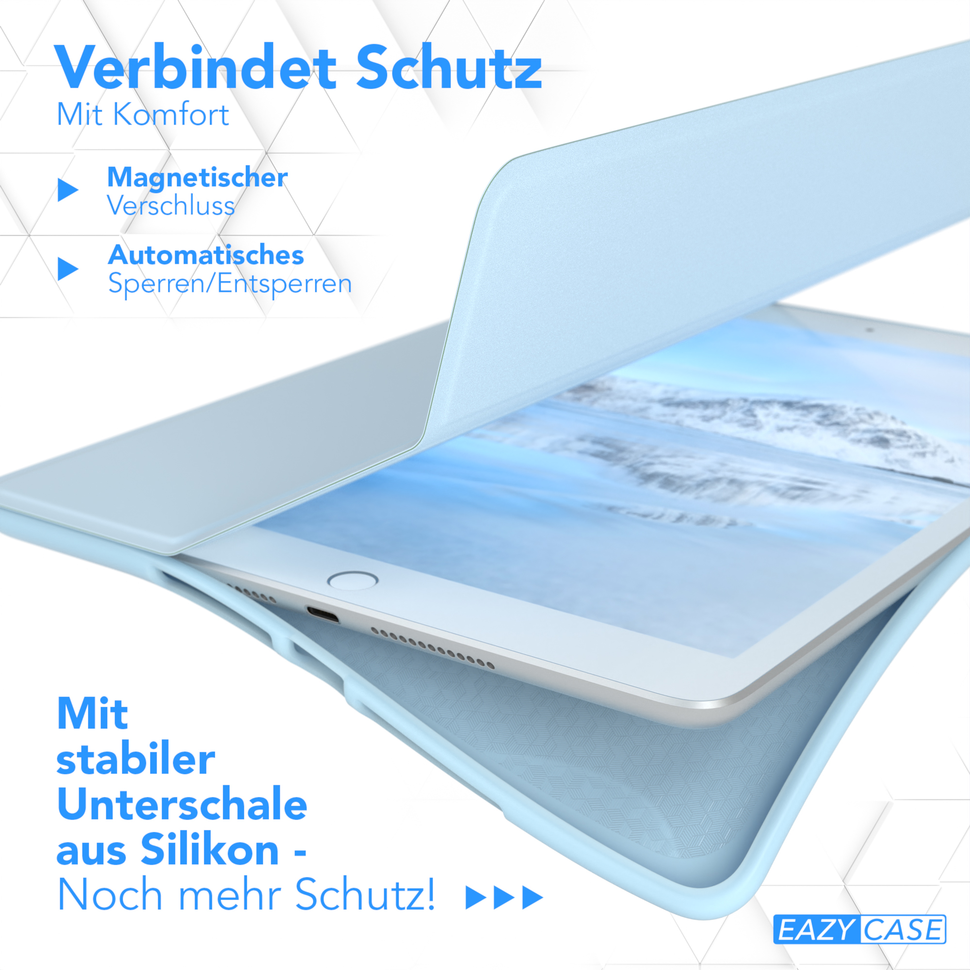 Ein Tablet in einer blauen Hülle. Die Hülle ist geöffnet und zeigt den Tablet-Bildschirm.