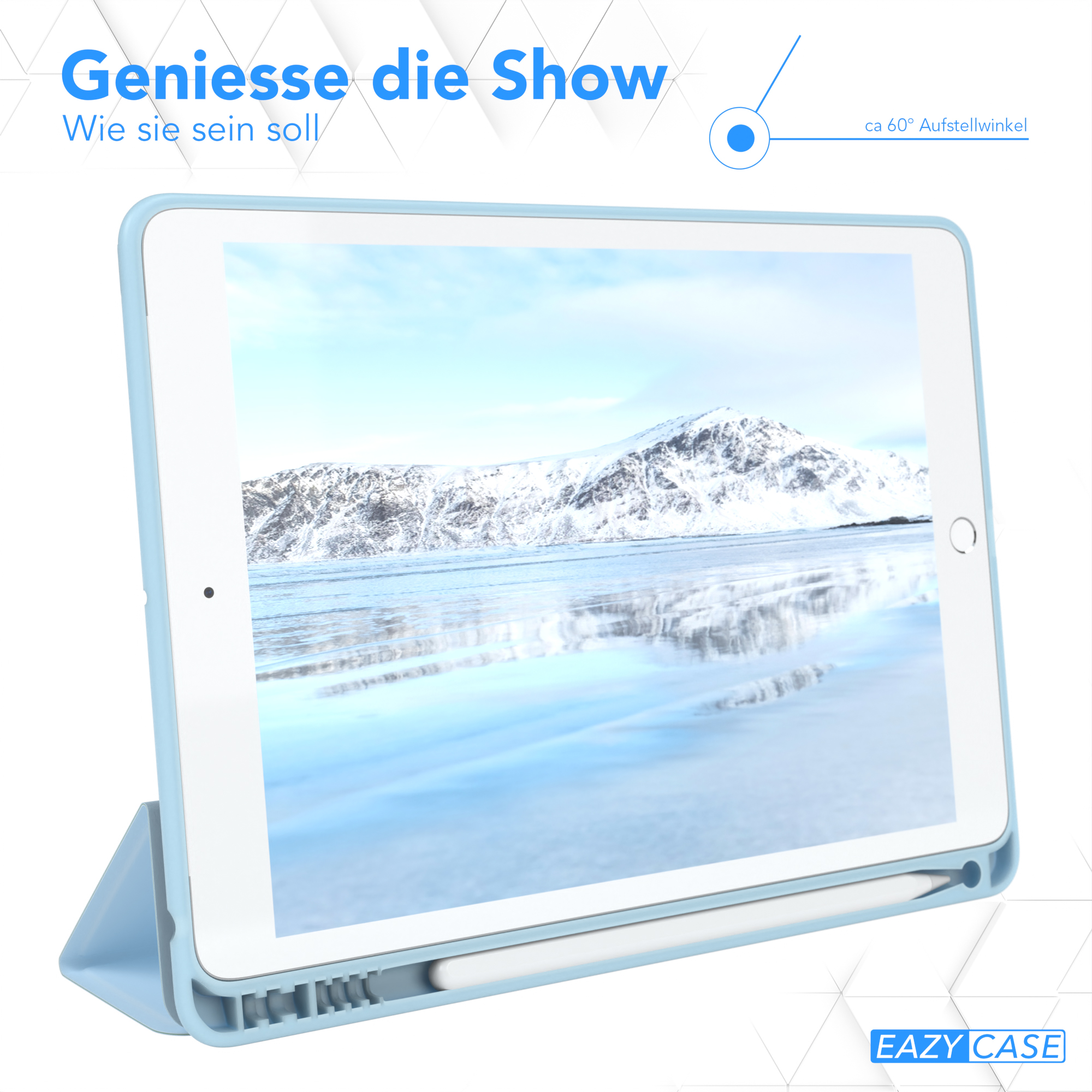 Ein Tablet, das in einem Winkel mit einer Berglandschaft auf dem Bildschirm eingestellt ist.