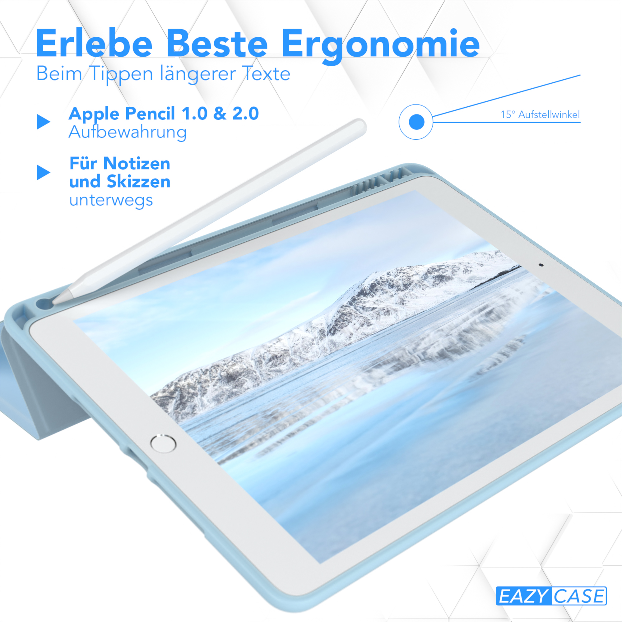 Ein Tablet in einem hellblauen Gehäuse, mit einem weißen Apple Pencil. Der Text ist auf Deutsch.