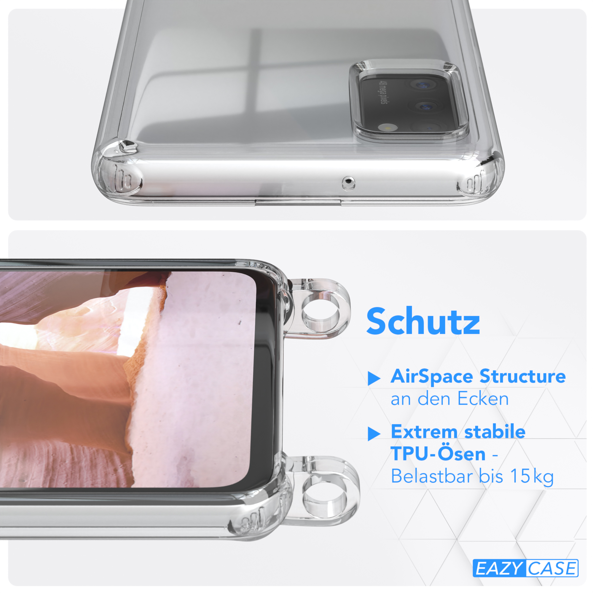 EAZY CASE Transparente Handyhülle mit A41, Umhängetasche, Karabiner, + Samsung, Galaxy Gold runder Kordel / Altrosa