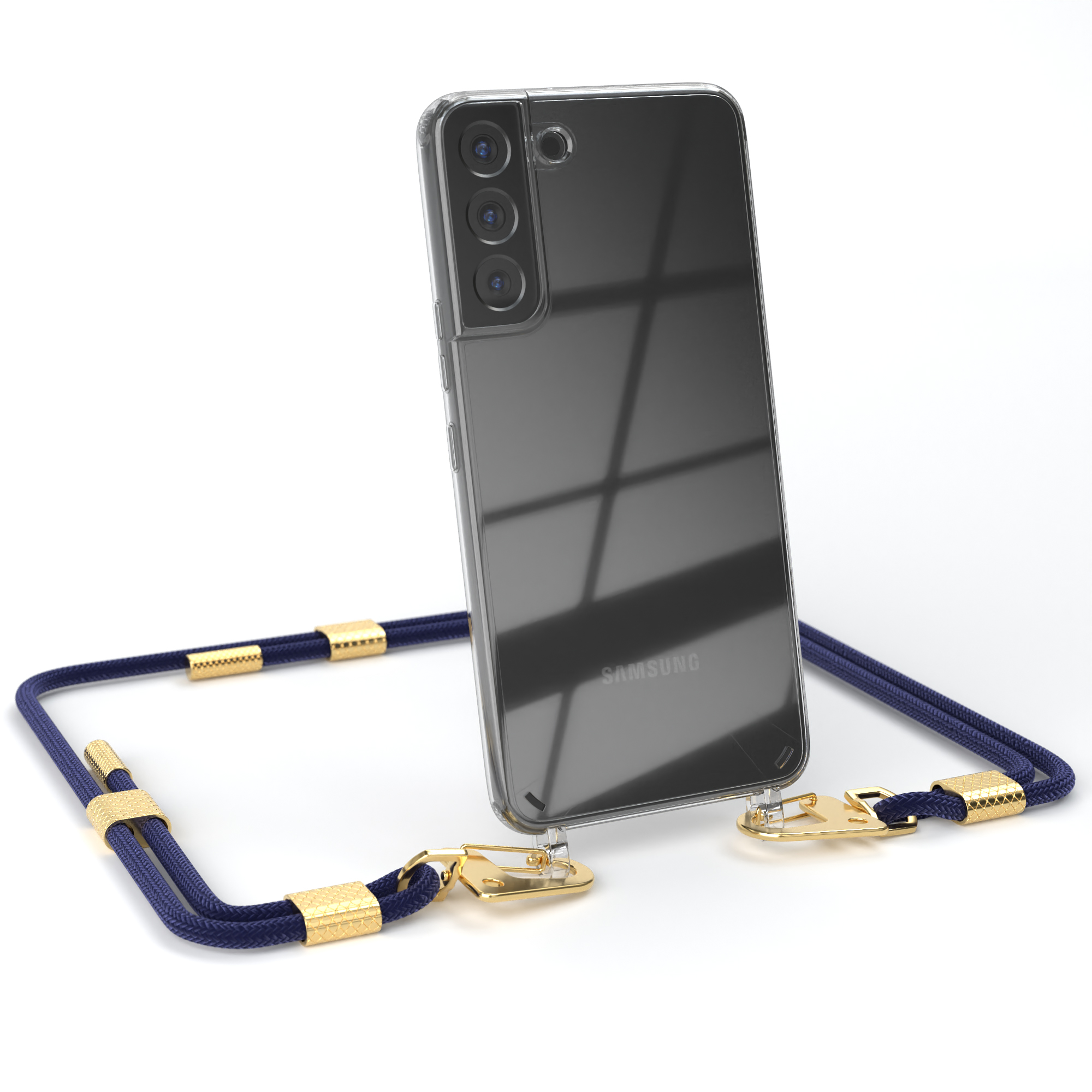 Telefon mit blauem Kabel. Der Bildschirm des Telefons ist schwarz.