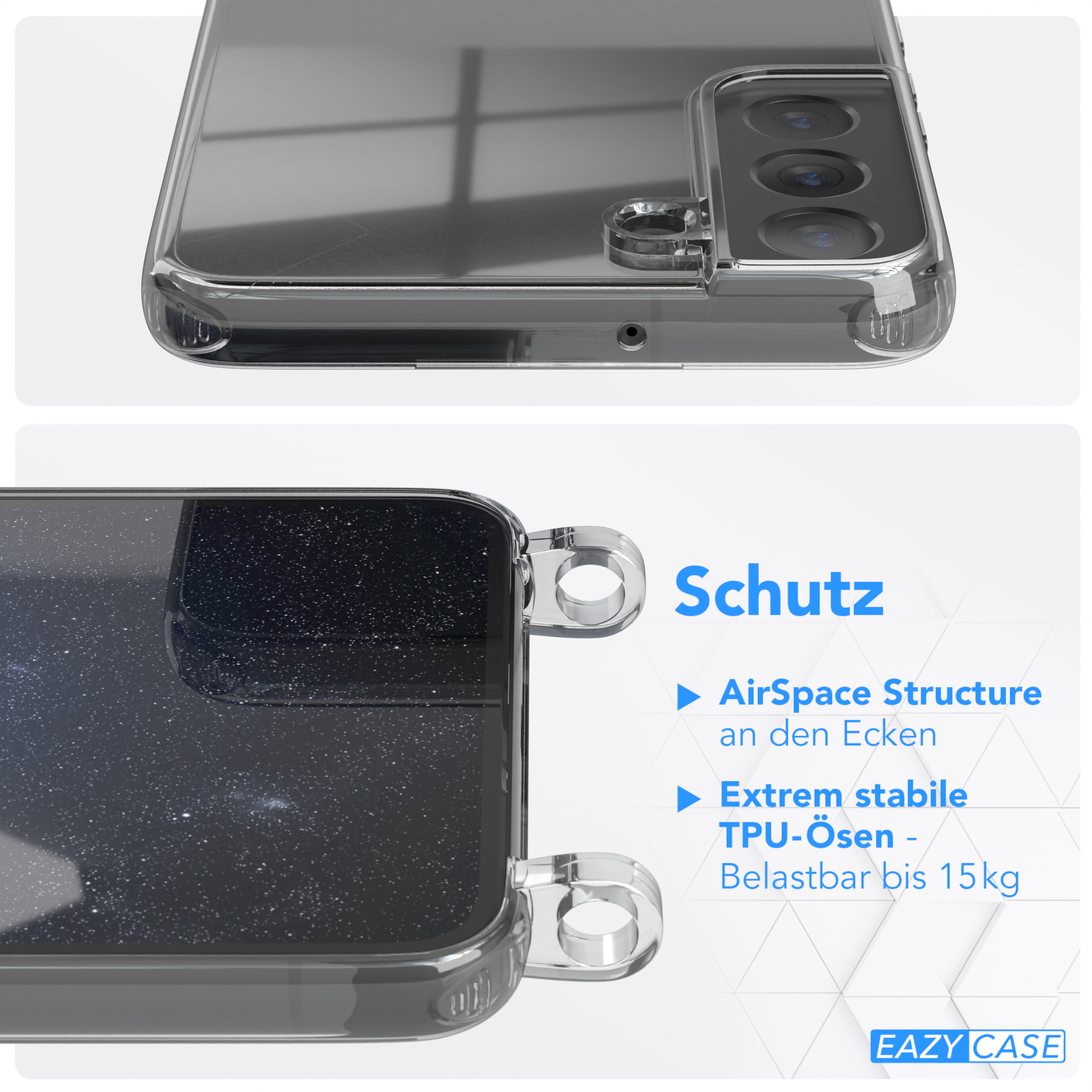 Nahaufnahme der Handyhülle, klares Design, Merkmale mit 'AirSpace Structure' und 'TPU-Ösen'.