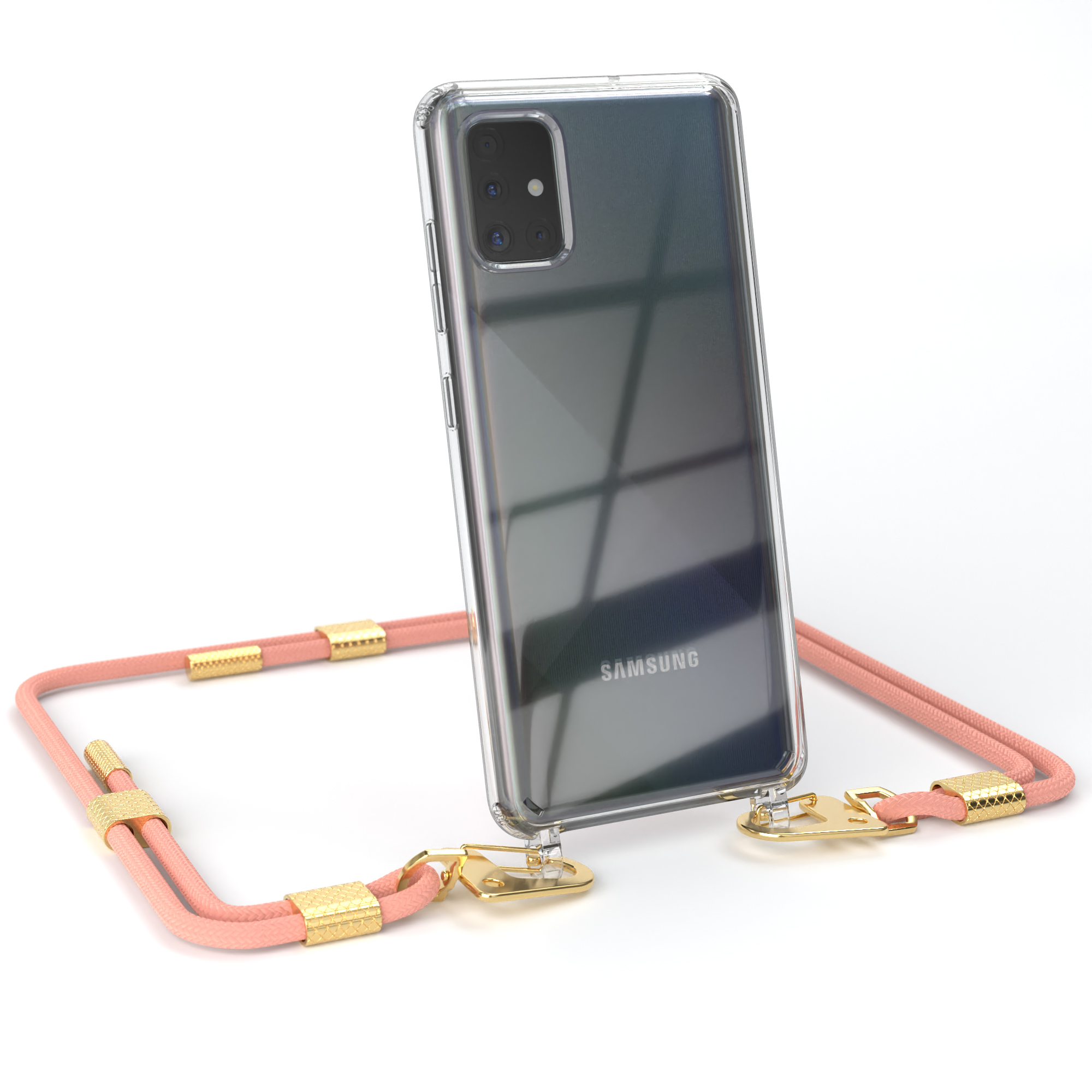 Transparente Handyhülle mit rosa Kordel. Goldfarbene Akzente. Weißer Hintergrund.