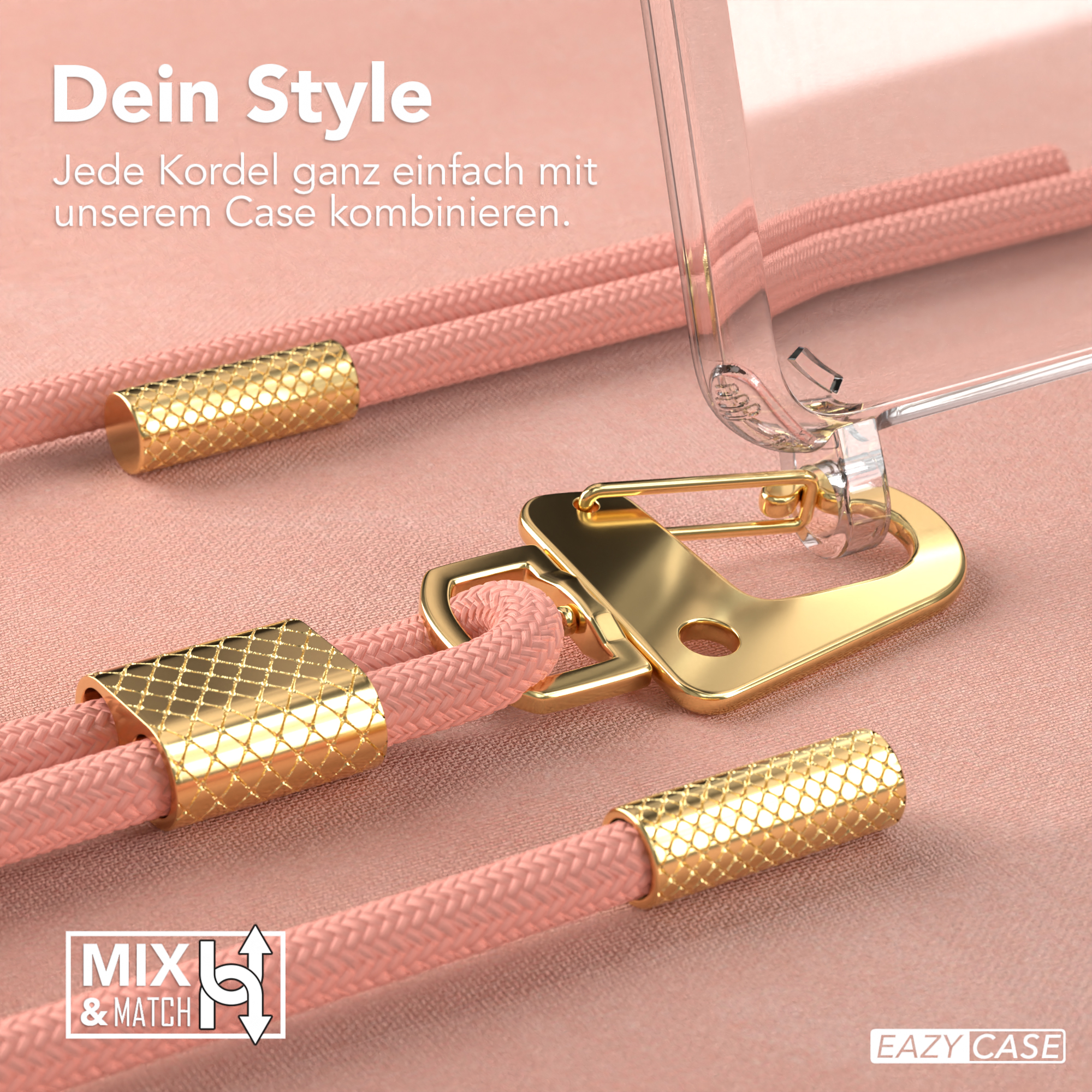 Nahaufnahme von Handy-Lanyards mit goldenen Akzenten. Rosa Kordel mit goldenen Verschlüssen. Eine transparente Handyhülle wird ebenfalls gezeigt.