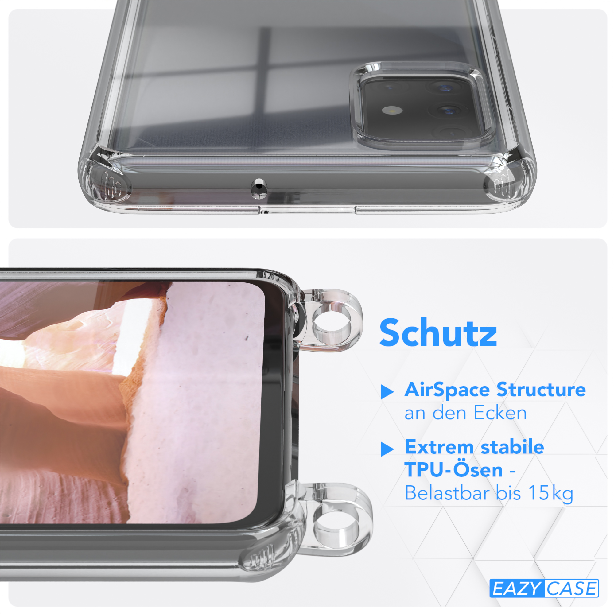 Eine transparente Handyhülle. Die Hülle hat eine Schutzstruktur an den Ecken und stabile TPU-Ösen.