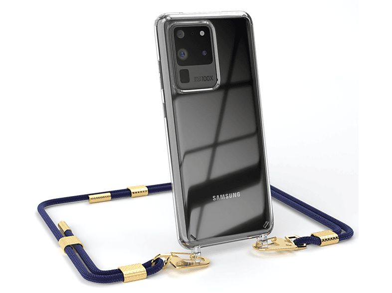 EAZY CASE Transparente Handyhülle mit / S20 Ultra Kordel Galaxy Nachtblau + Umhängetasche, runder 5G, / S20 Samsung, Gold Karabiner, Ultra