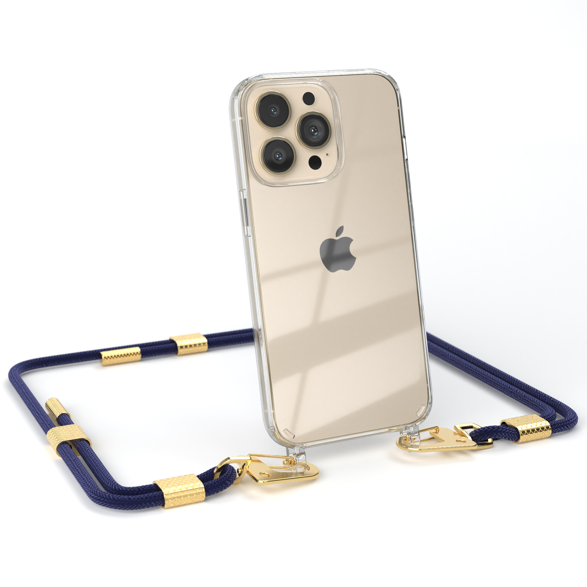 Transparente Handyhülle mit blauem Seilriemen und goldenen Akzenten. Das Telefon ist sichtbar.