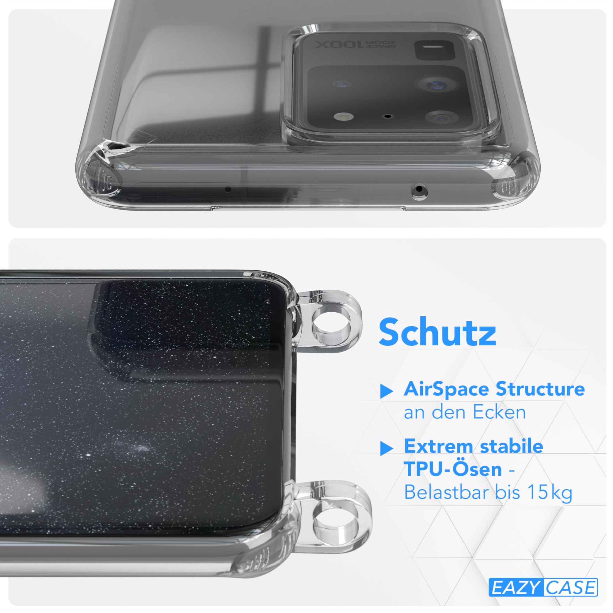 Transparente Handyhülle mit Text über Schutzfunktionen.