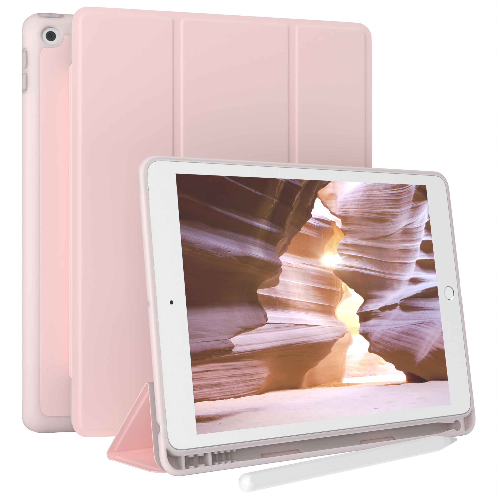 Eine rosa Tablethülle mit dem Tablet darin. Der Hintergrund ist ein Canyon.