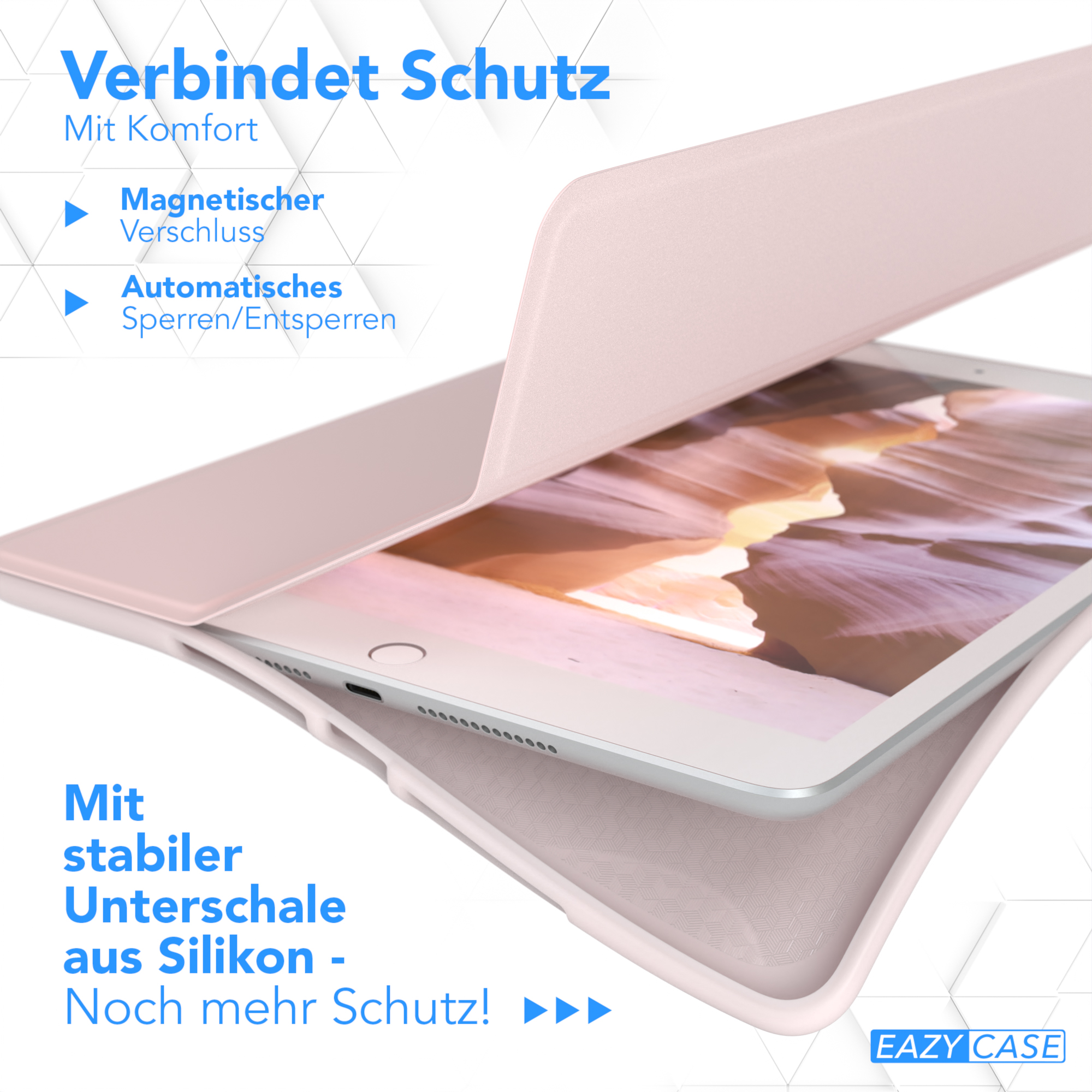 Rosafarbene Tablet-Hülle, geöffnet, um ein Tablet zu zeigen. Text und Logos sind sichtbar.